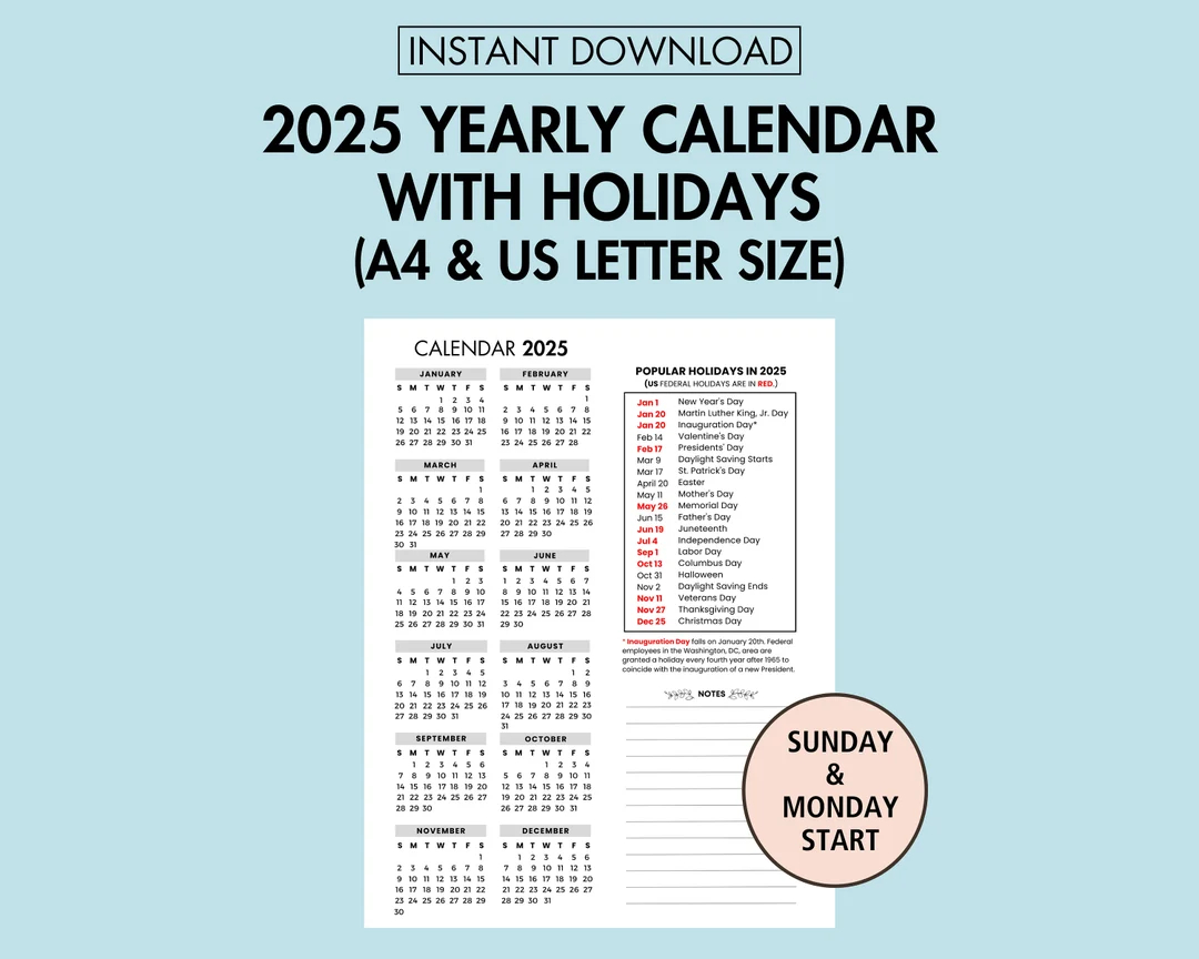 2025 yearly calendar with holidays 2025 yearly overview printable 2025 year at a glance 2025 holiday calendar pdf sunday monday start etsy