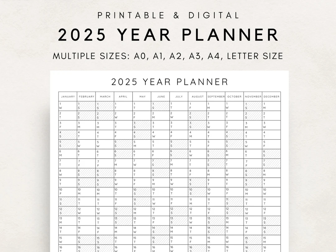 2025 yearly planner printable yearly planning calendar calendar poster digital calendar 2025 calendar 2025 planner yearly overview etsy