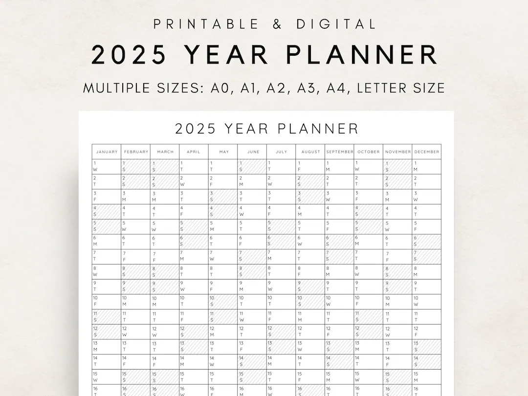 2025 Yearly Planner Printable Yearly Planning Calendar Calendar Poster Digital Calendar 2025 Calendar 2025 Planner Yearly Overview Etsy
