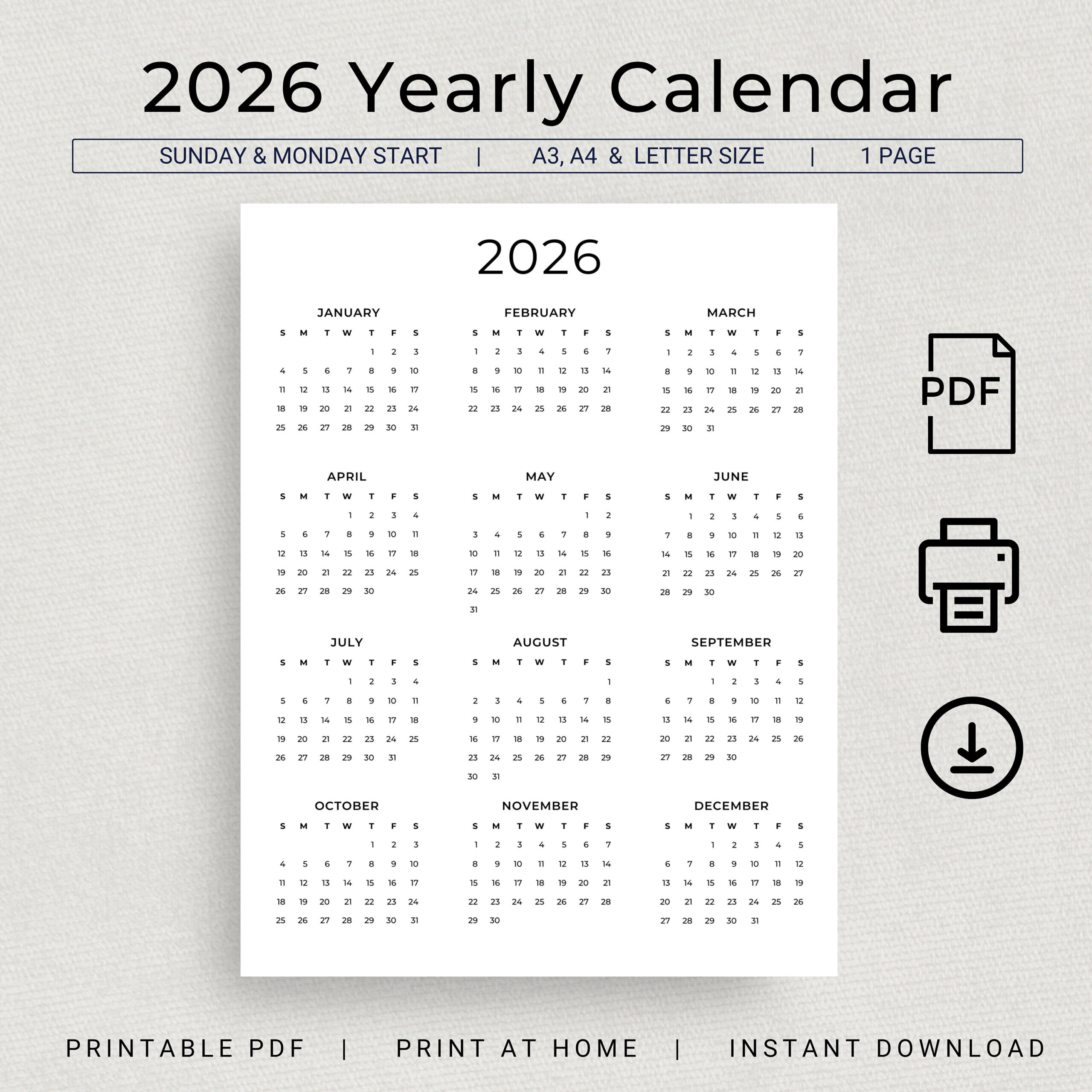 2026 Calendar 2026 Yearly Calendar Printable 2026 Wall Calendar 2026 Year At A Glance Minimalist Calendar A3 A4 Letter Monday U0026 Sunday Start Etsy
