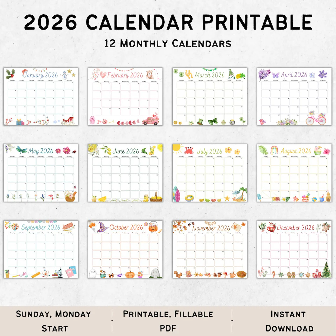 2026 Calendar Printable Printable Wall Calendar Kids Calendar 2026 Editable Calendar Kids Monthly Planner Digital Planner Homeschool Etsy
