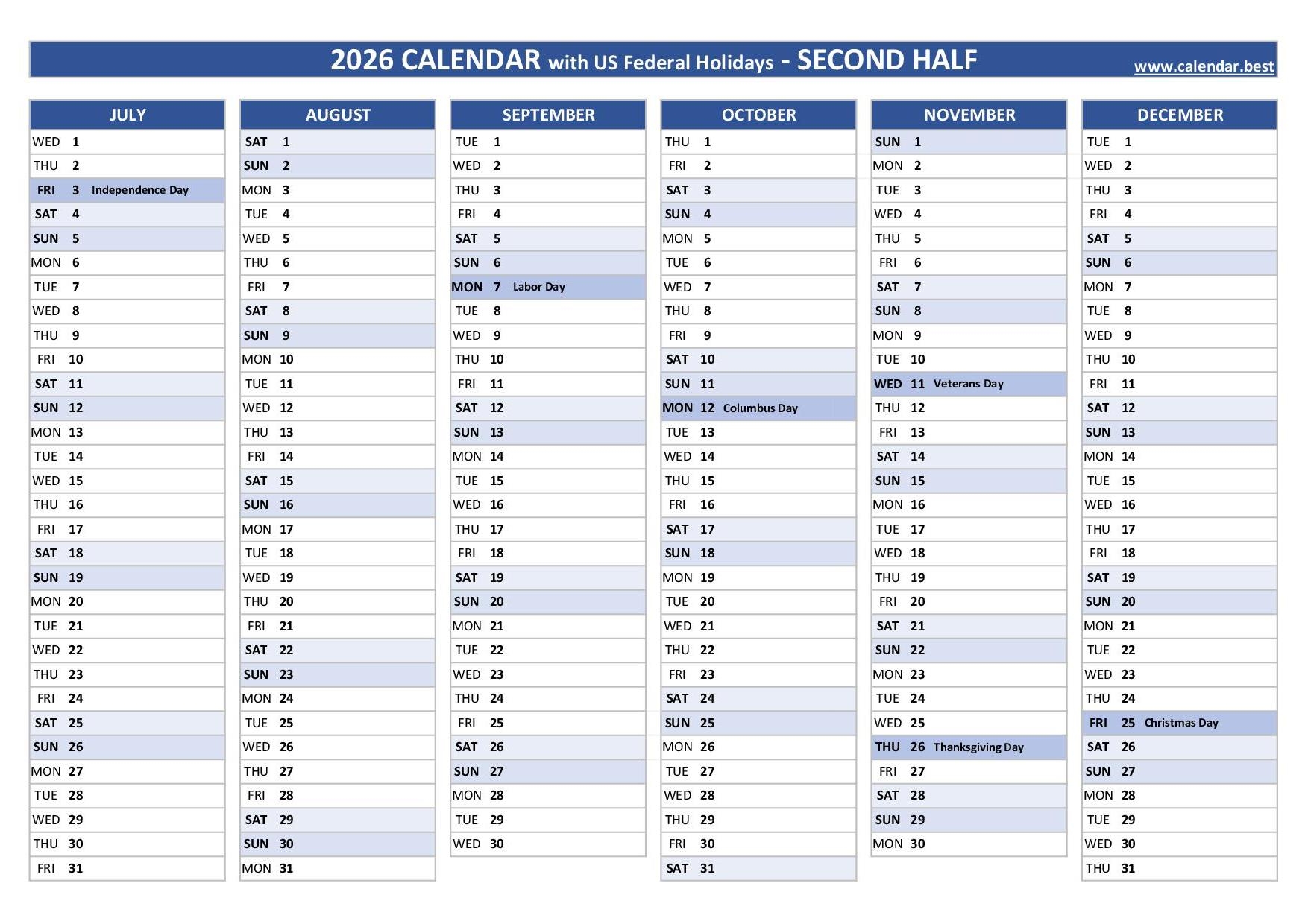 2026 Calendar With Holidays Printable