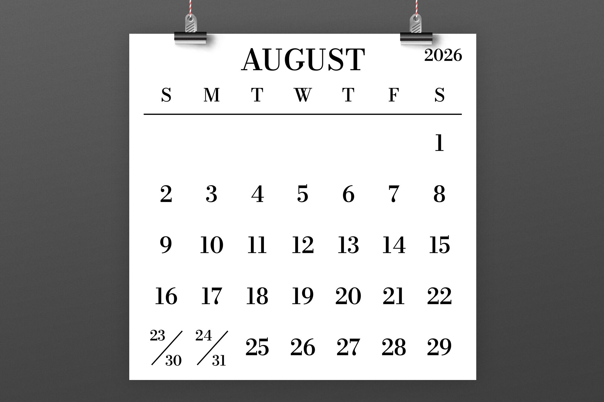 Big Numbers Printable Calendar August 2026