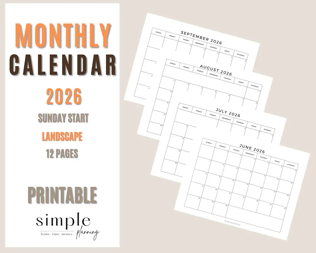 2026 Monthly Calendar L 2026 Monthly Planner L Minimalist Monthly Planner Printable L Instant Download L Sunday Start L Landscape L PDF Etsy
