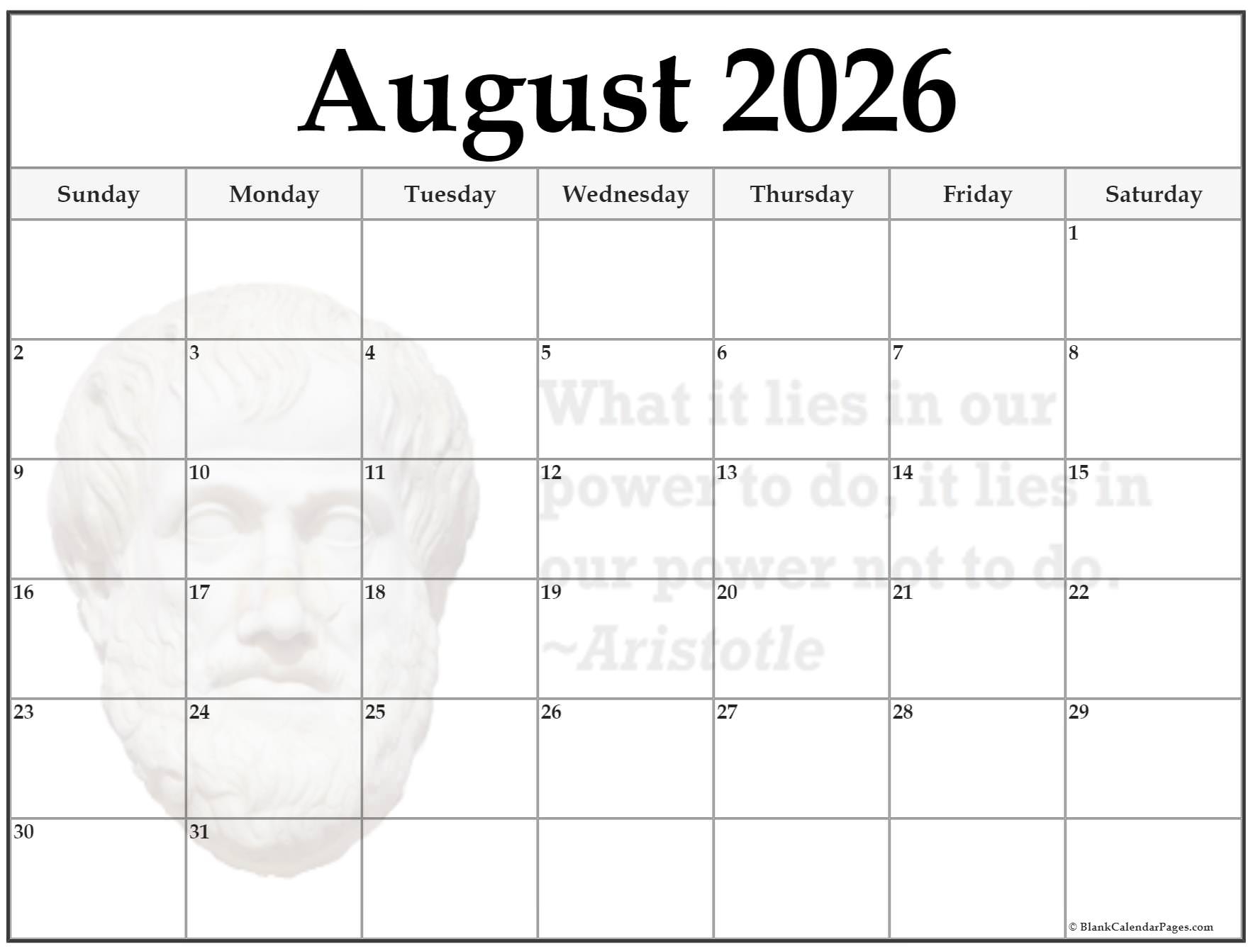 Printable Calendar Augus 2026