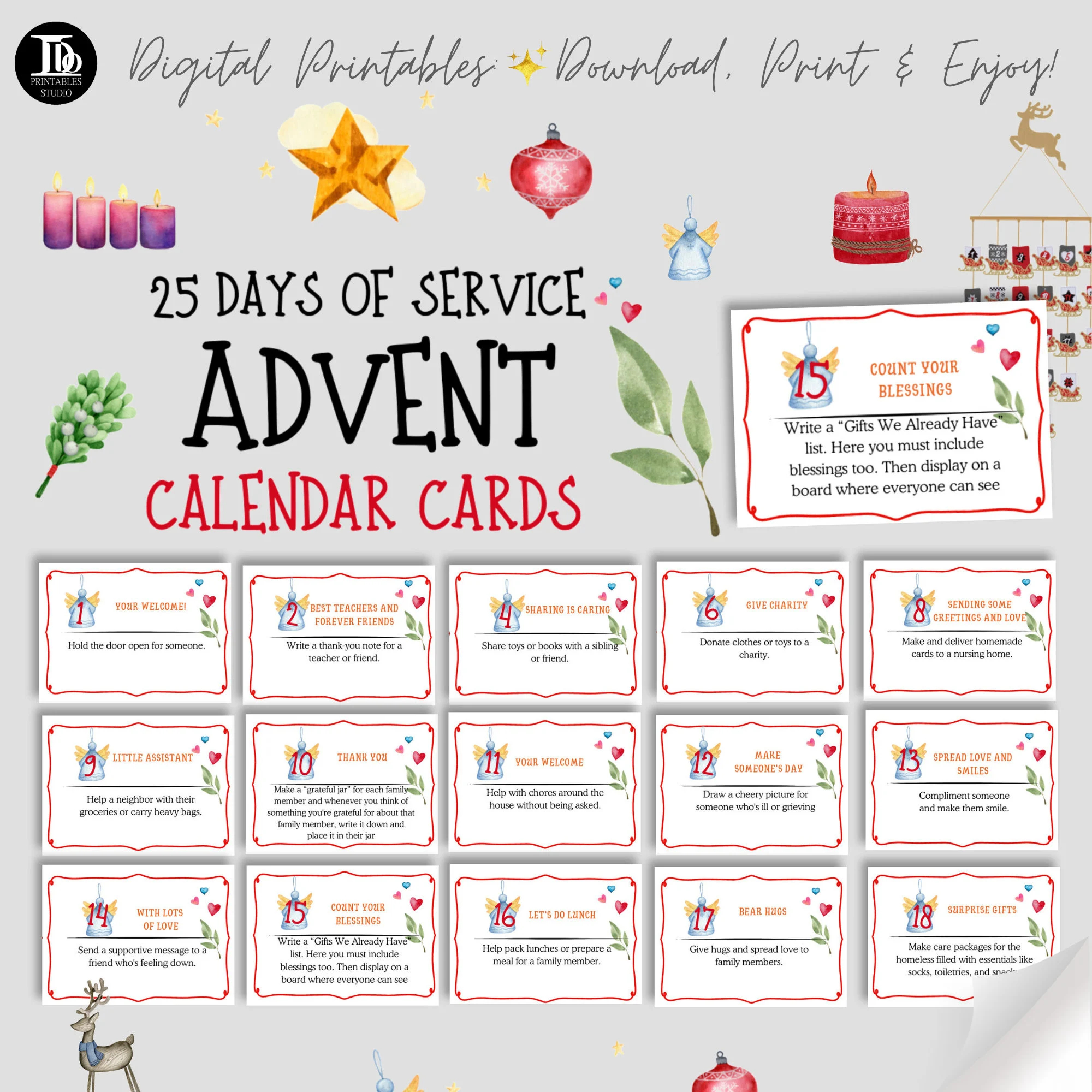 25 Days Of Service Advent Calendar Cards For Kids Printable Holiday Gratitude Christmas Service Activity Ideas Thoughtful Learning Fun Etsy