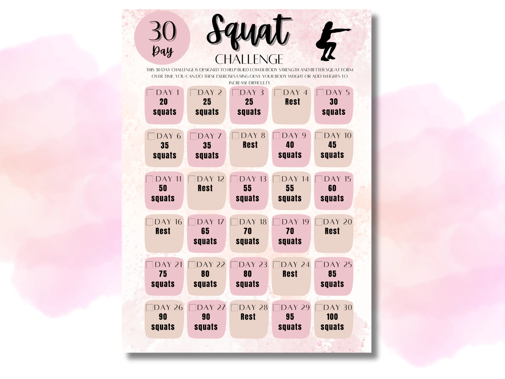 30 Day Squat Challenge Calendar Printable