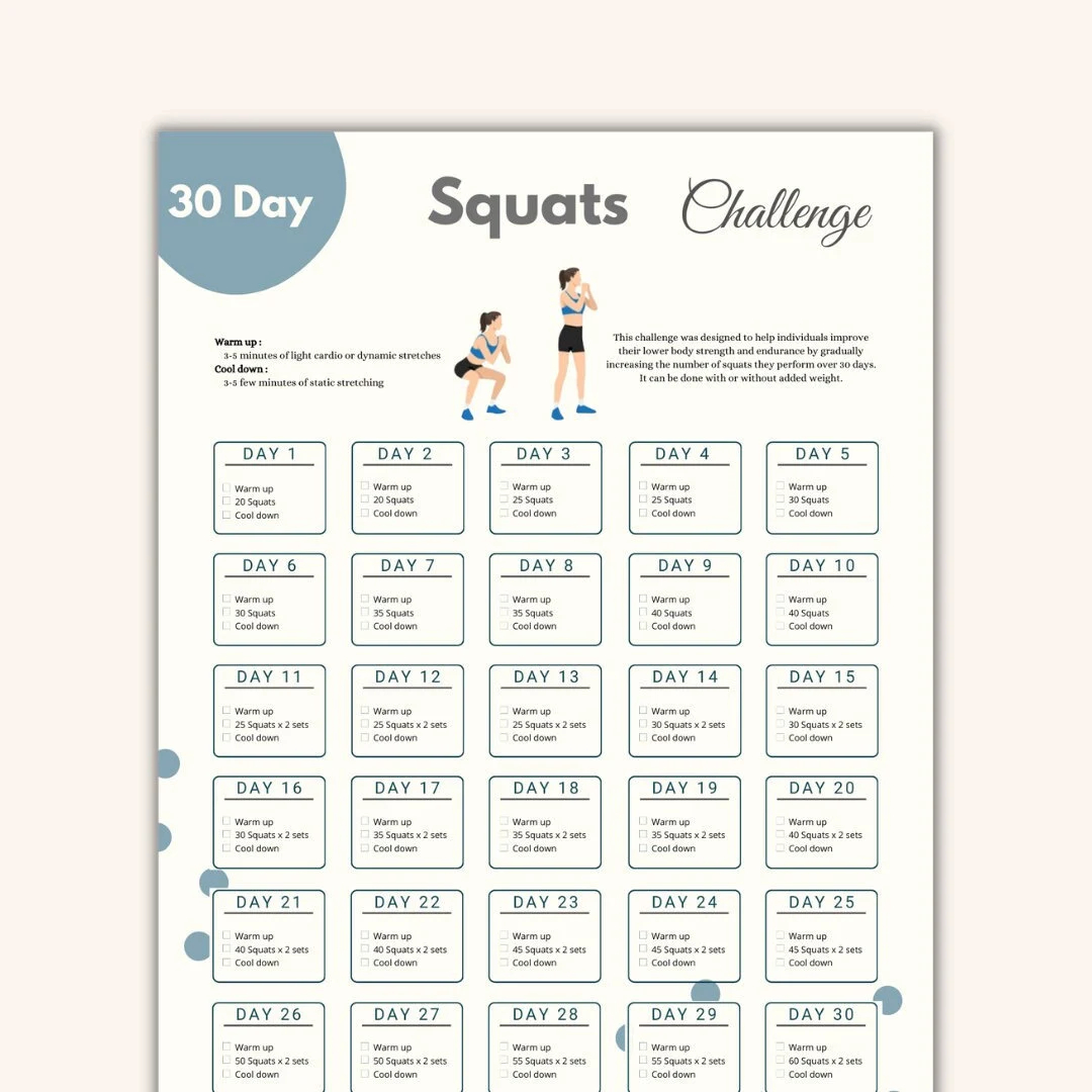 30 Day Squats Challenge Printable Fitness Planner Strengthen Lower Body Instant Download Etsy