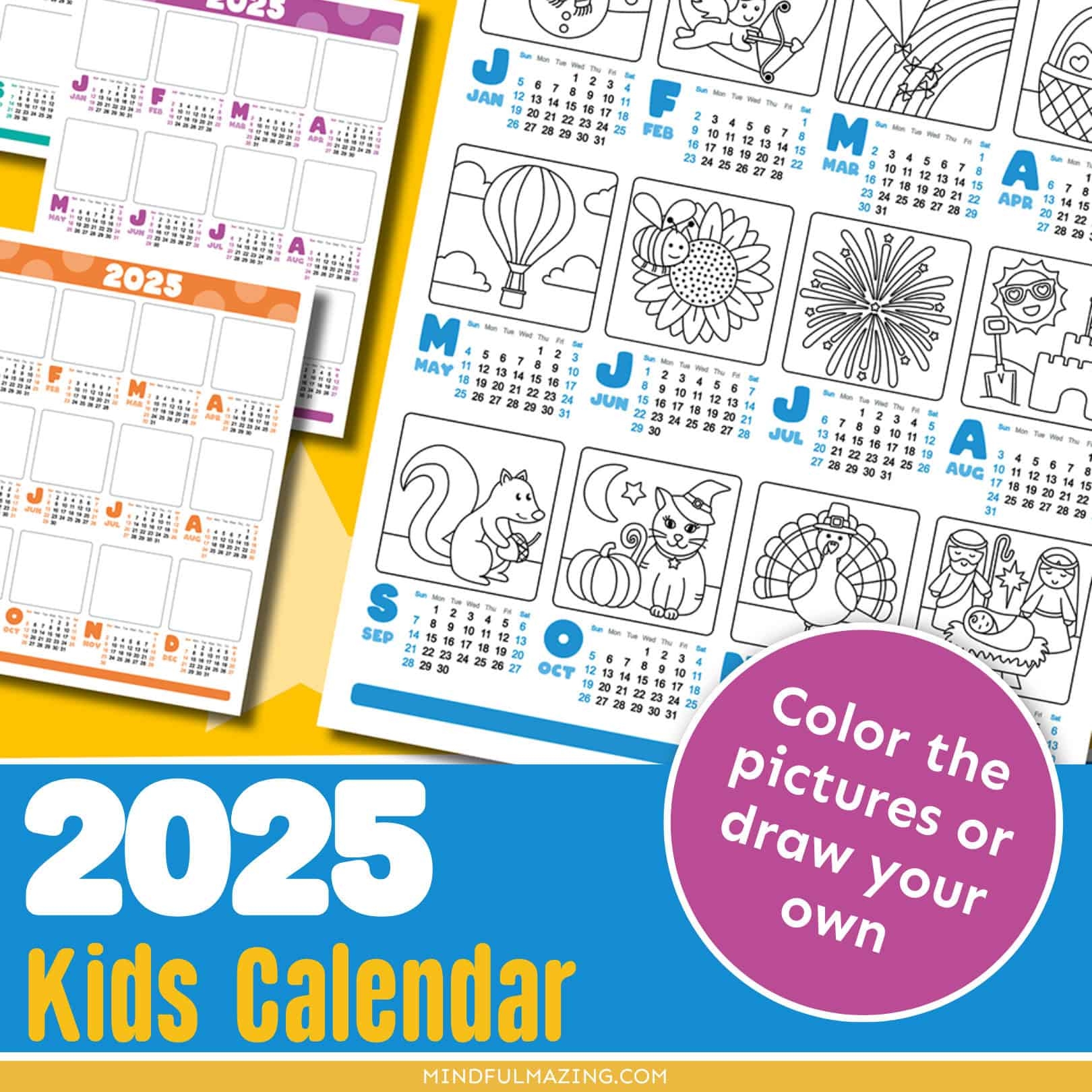 8 Free One Page Yearly Calendars For 2025 Color Draw Mindfulmazing
