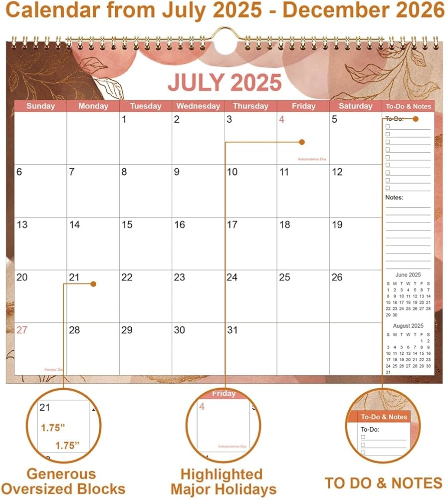 Amazon 2025 2026 Calendar Wall Calendar 2025 2026 From July 2025 December 2026 18 Months Calendars With Thick Paper 11 X 14 5 Gold Leaf Office Products