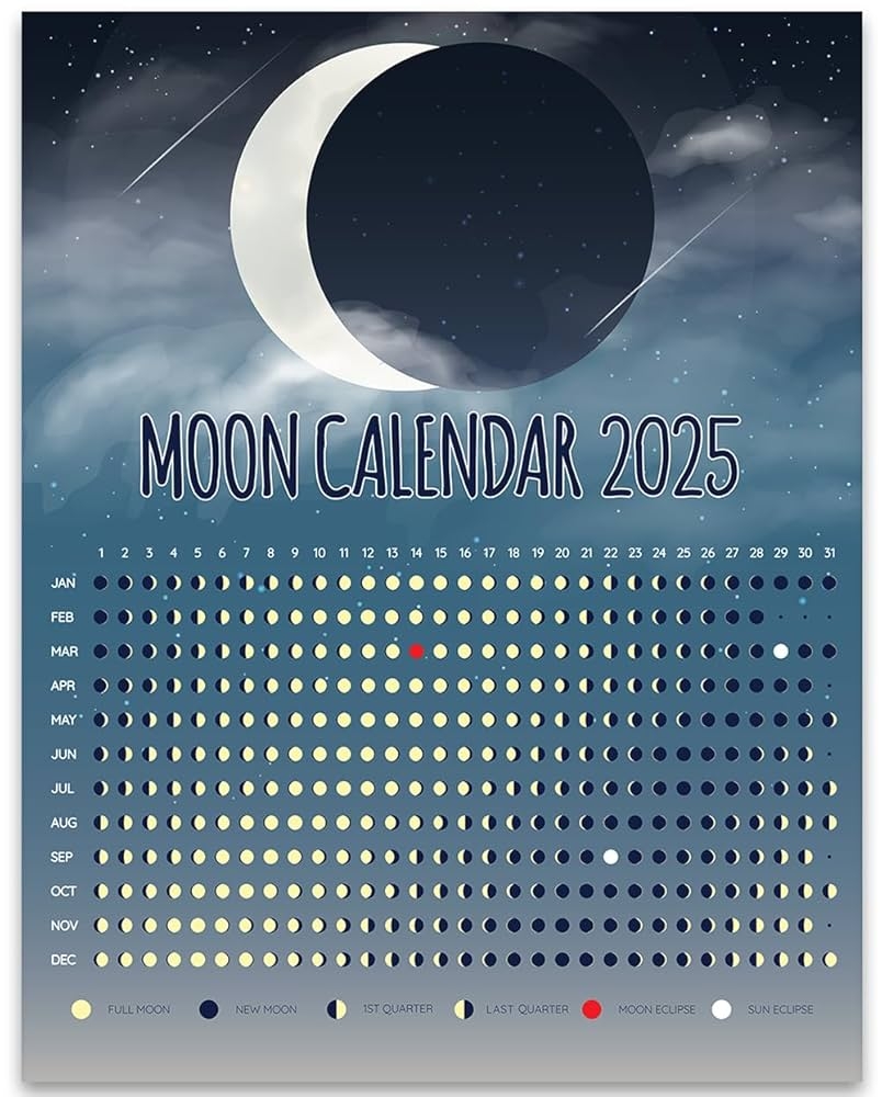 Amazon 2025 Calendar Phases Of The Moon Poster 28x36 Stretched Canvas Print Lunar Phases Astrology Moon Calendar Decorative Moon Wall Art Full New Moon Celestial Night Sky 