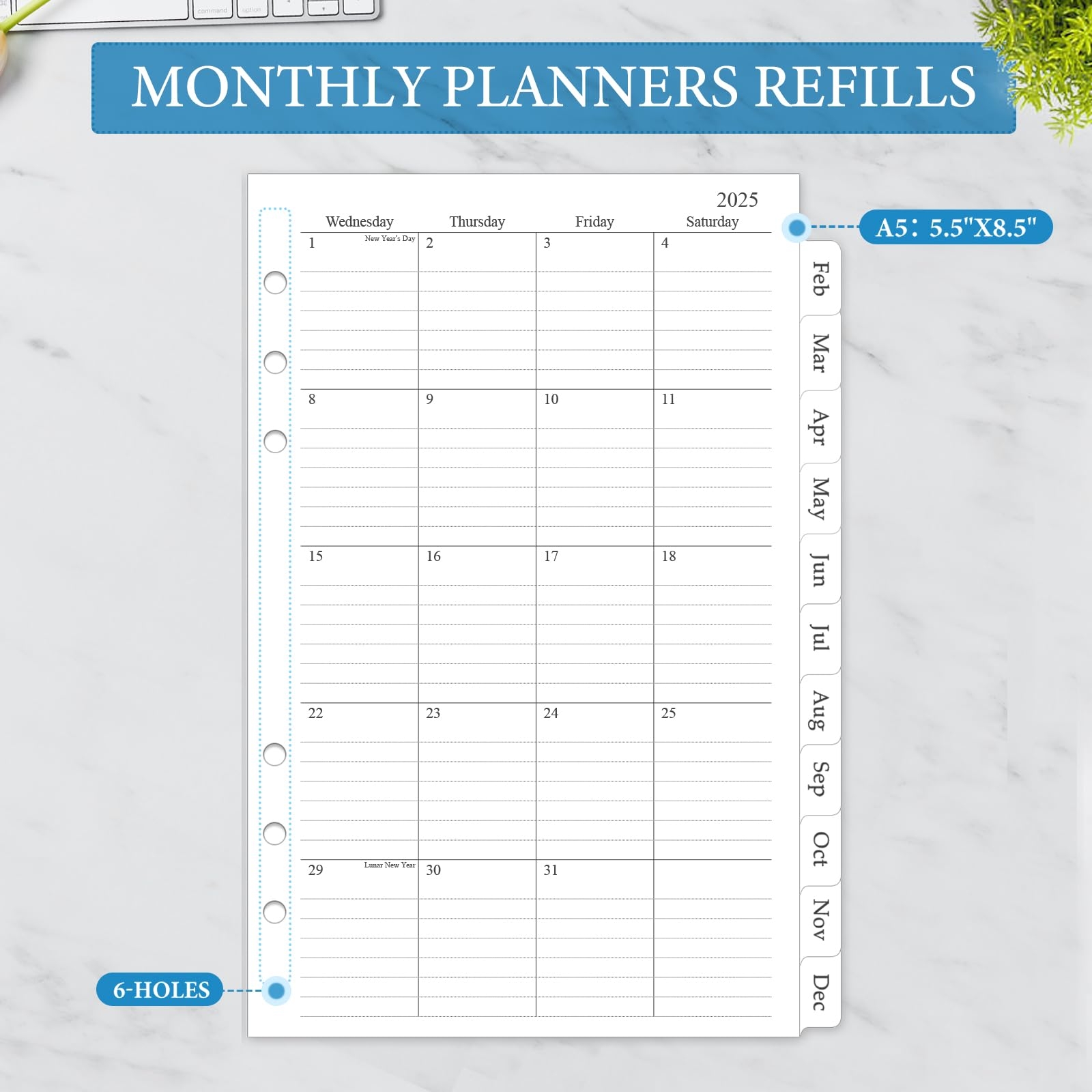 Amazon 2025 Monthly Planner Refill A5 Inserts For 6 Holes 12 Calendars With Tabs 5 5 x8 5 6 Hole Punched Office Products