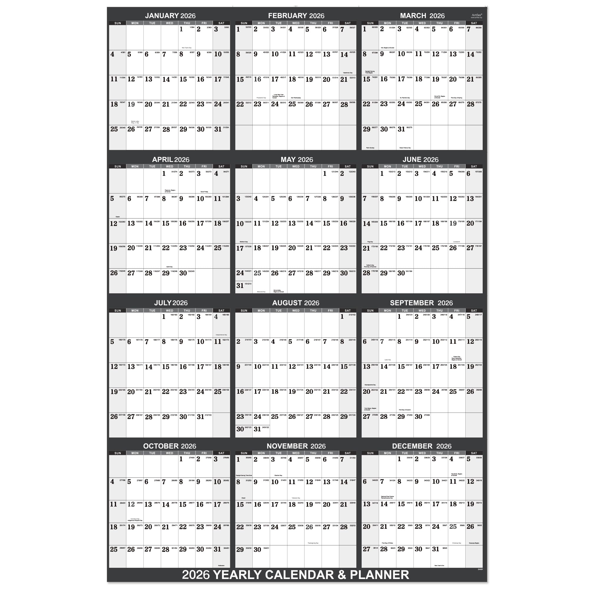 Amazon 2026 Yearly Wall Calendar 2026 Wall Calendar With Julian Date Jan 2026 Dec 2026 One Page For Organizing Premium Thick Paper Vertical Gift Pocket 34 8 X 22 8 Open Grey Office Products