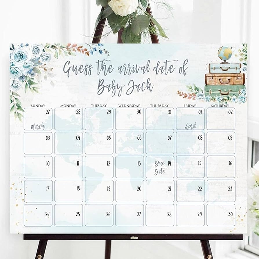Amazon Baby Due Date Calendar Guess Baby s Birthday World Map Travel Theme Floral Blue Sign Over Baby Shower Sign Guess Baby s Birth Date Sign Due Date Sign Baby Shower Due Date Calendar