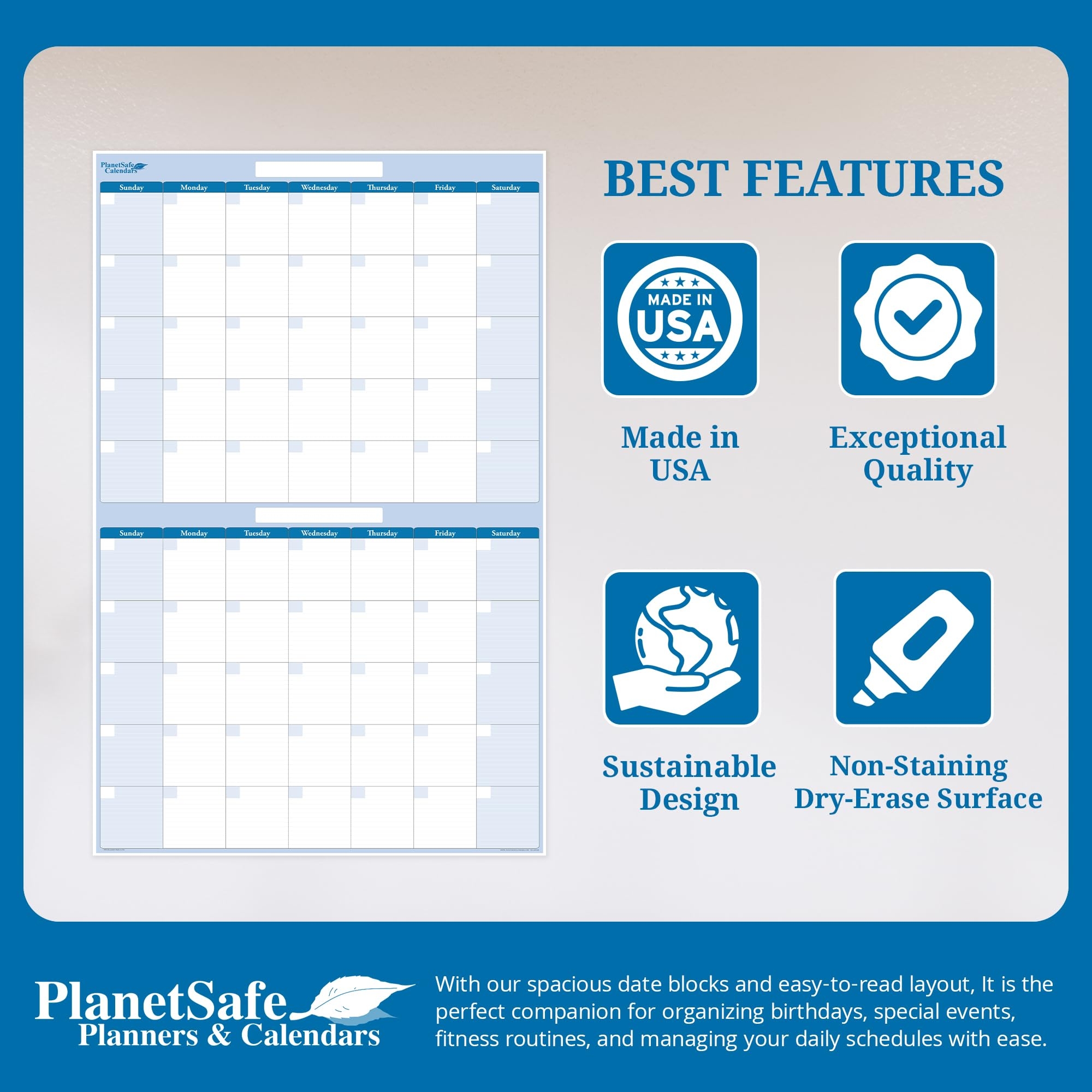 Amazon PlanetSafe Calendar Vertical 60 Day Wet Dry Erasable Large Wall Calendar Great For Home Office And Schools Stay Organized Ideal For Event Tracking Measures Sky Blue 36h X 24w 