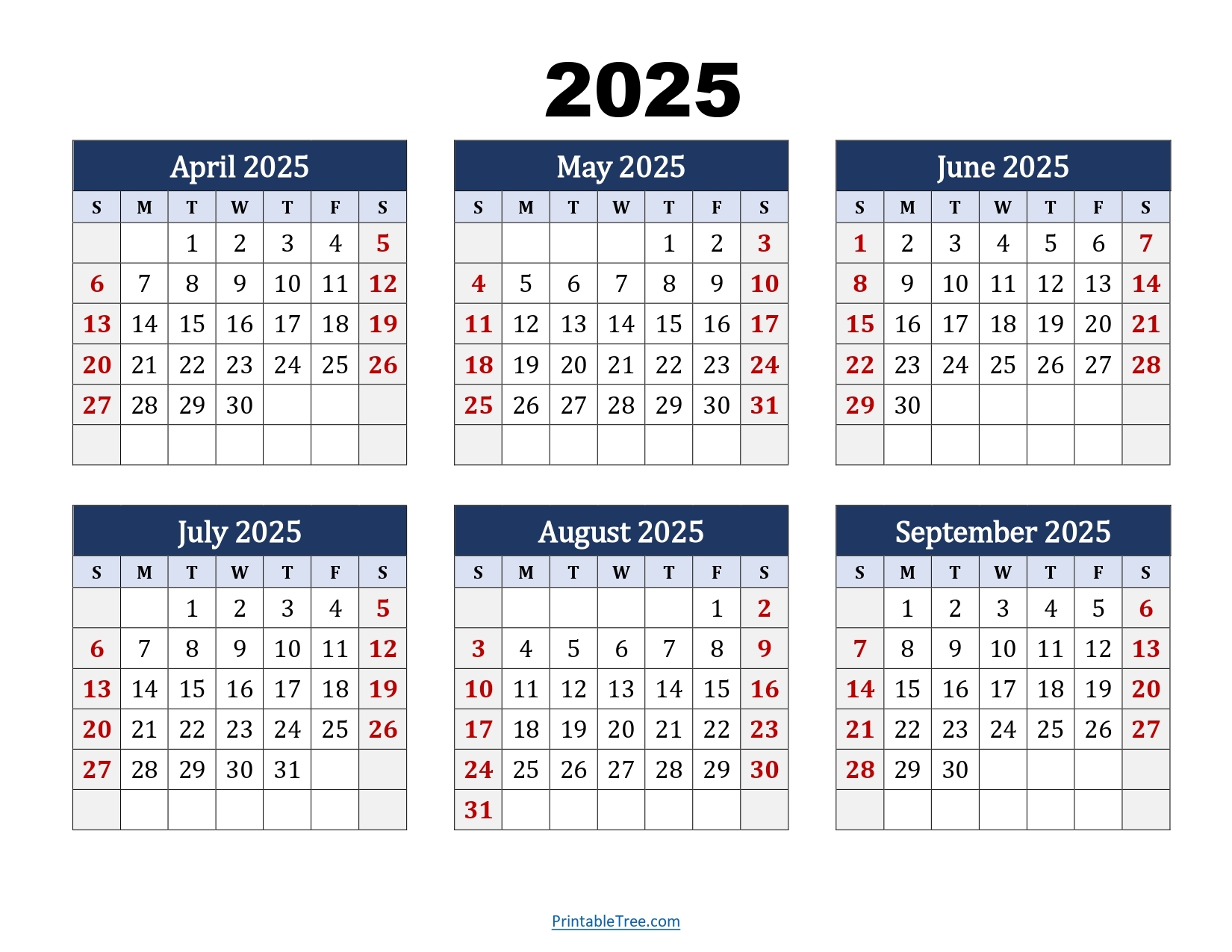 April To September 2025 Calendar Printable PDF Six Months Calendar