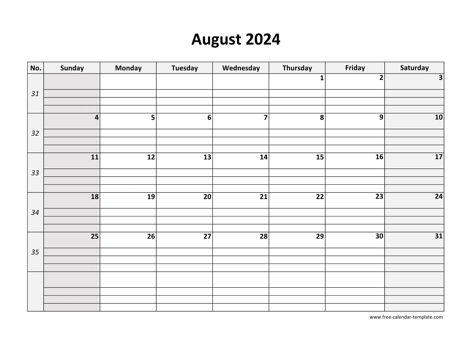 August 2024 Calendar Free Printable With Grid Lines Designed horizontal Free calendar template