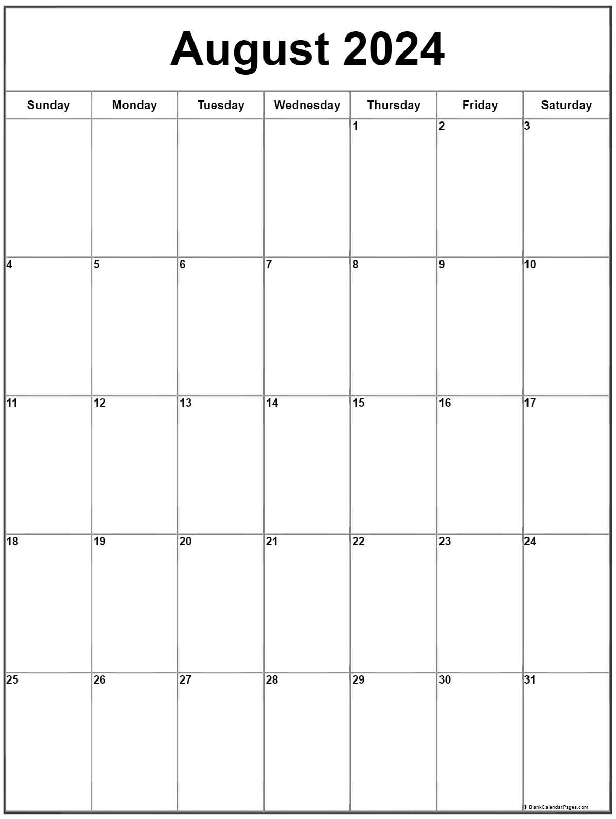 August 2024 Vertical Calendar Portrait