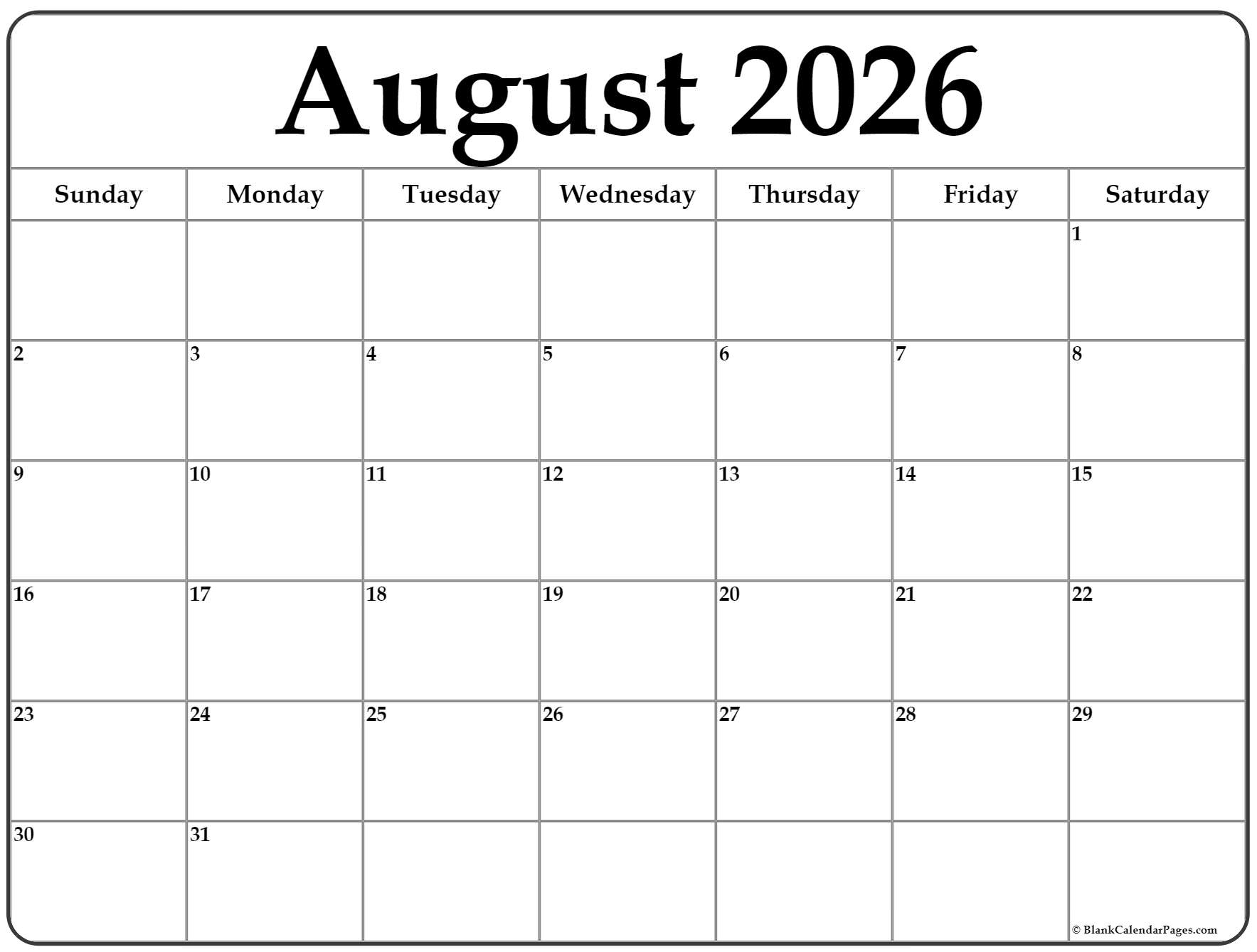 August 2026 Calendar Free Printable Calendars