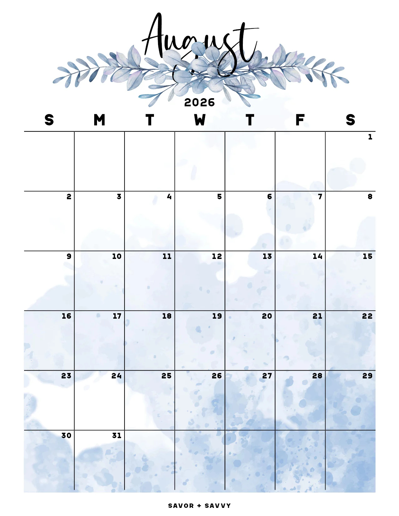 Free Printable August 2026 Baby Calendar
