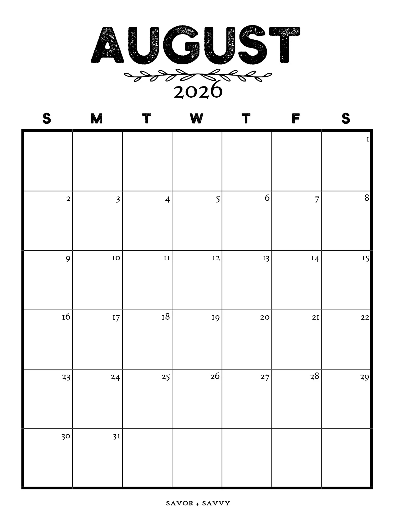 Printable August 2026 Calendar