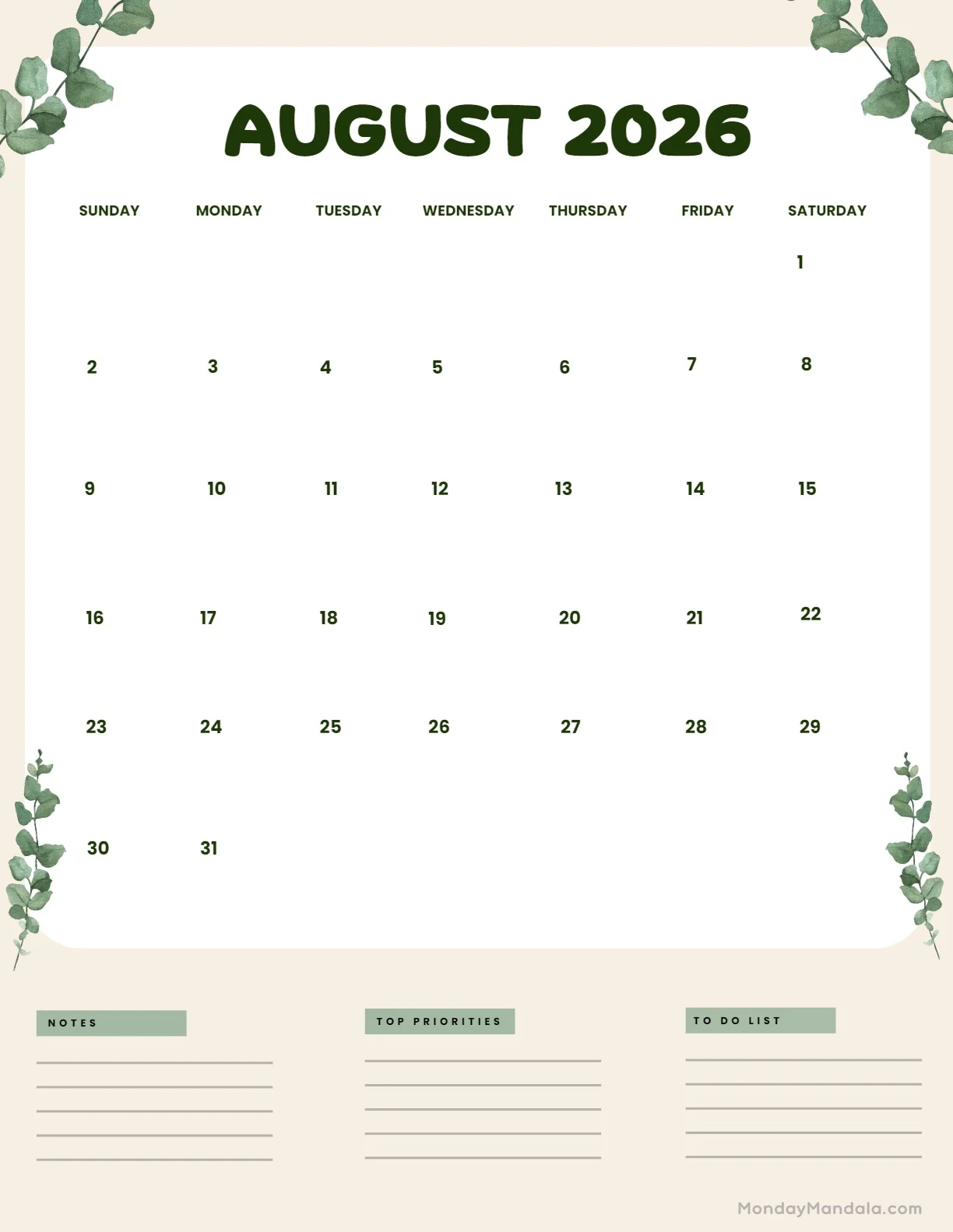 Printable Aug Calendar 2026