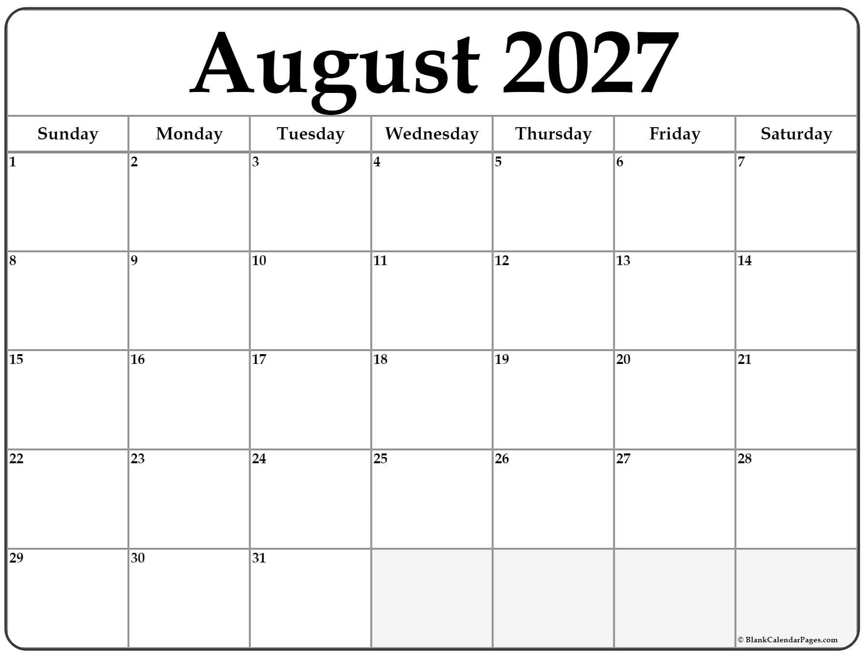 August 2027 Calendar Free Printable Calendars