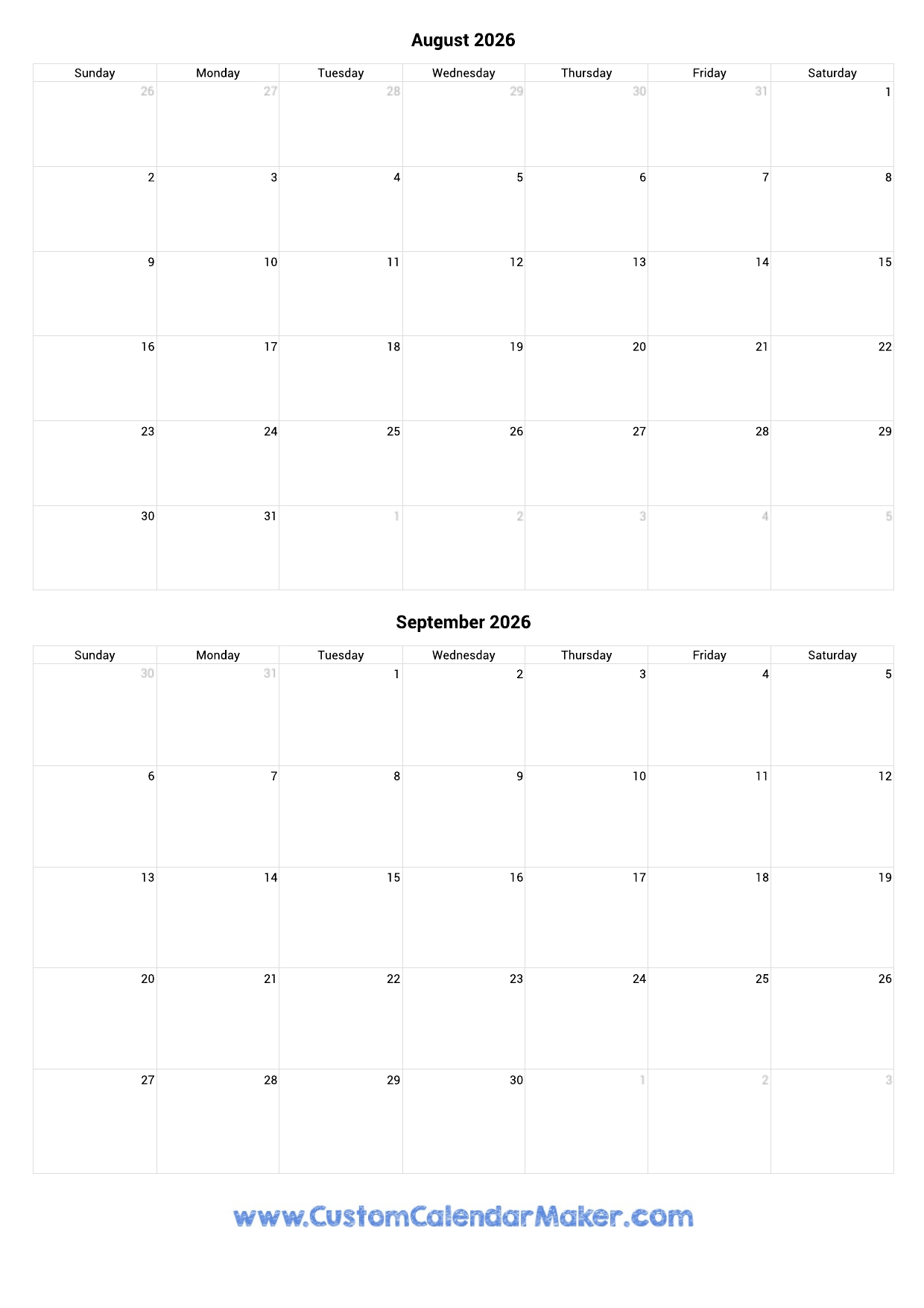 August And September 2026 Calendar Custom Calendar Maker