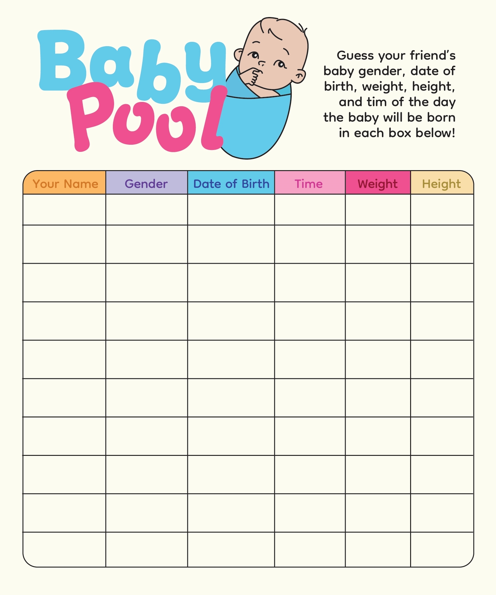 Printable Baby Due Date Pool Calendar