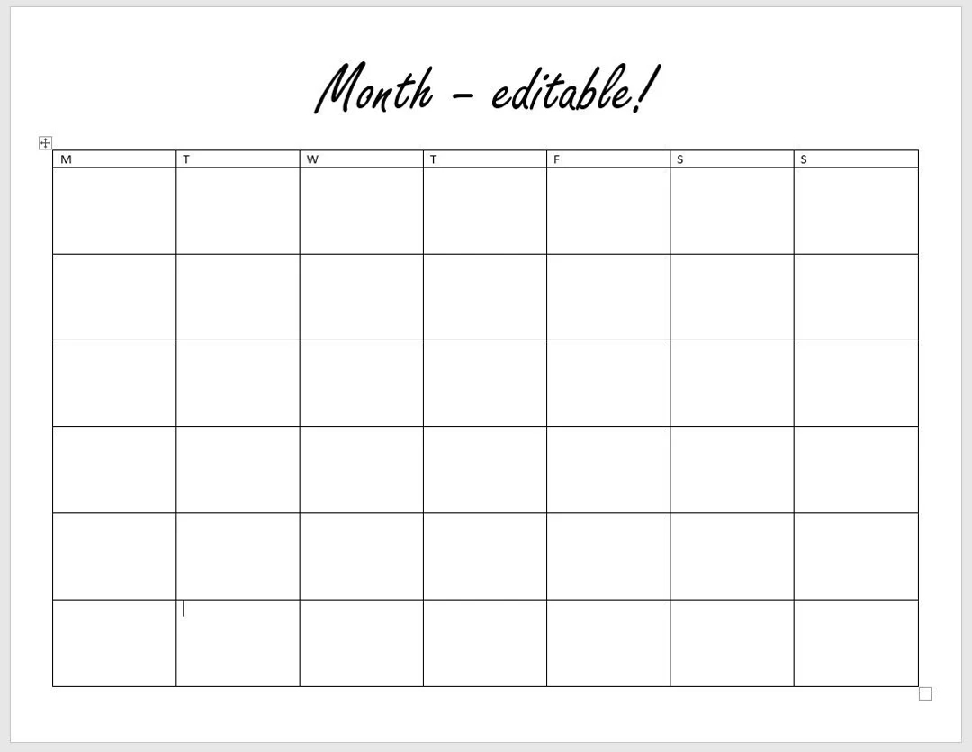 Basic Calendar Month Microsoft Word Template Editable Customizable Etsy