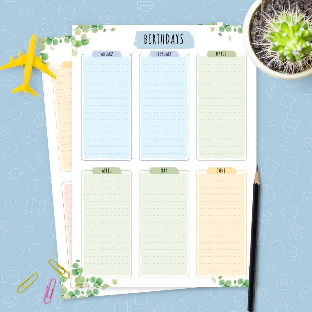 Birthday Calendar Floral Style Template Printable PDF