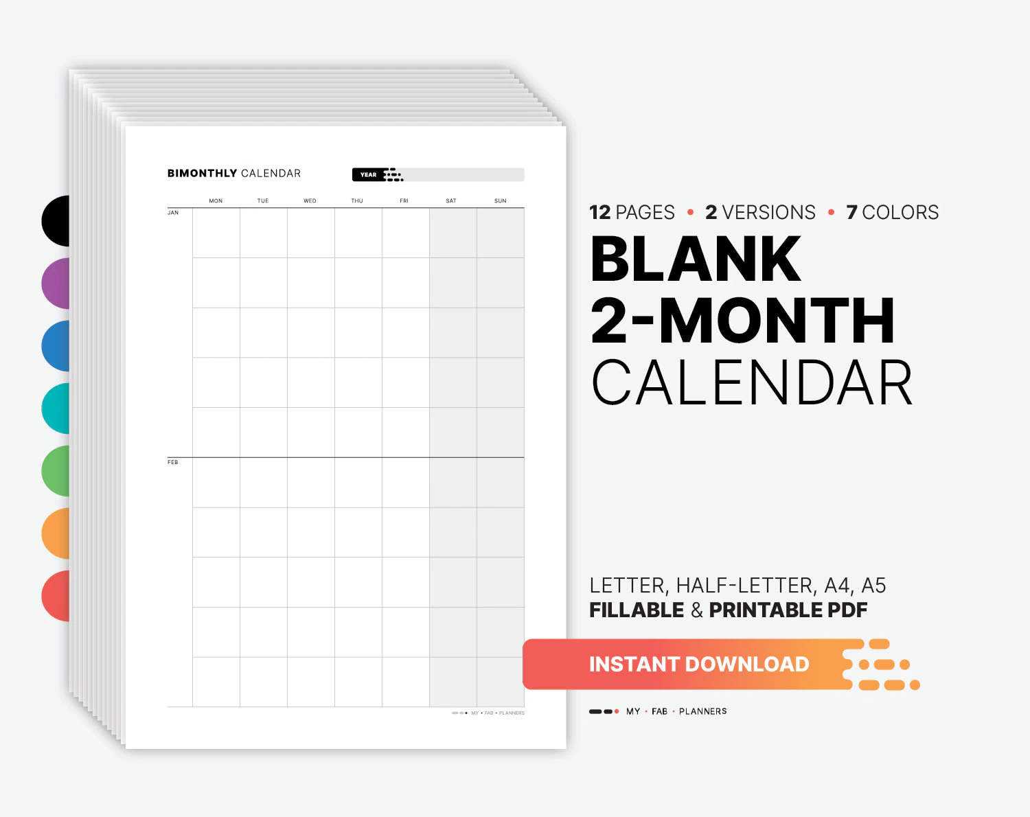 Blank 2 month Calendar Printable Undated Monthly Productivity Planner Fillable Digital ADHD Perpetual 12 month Year Organizer PDF Template Etsy
