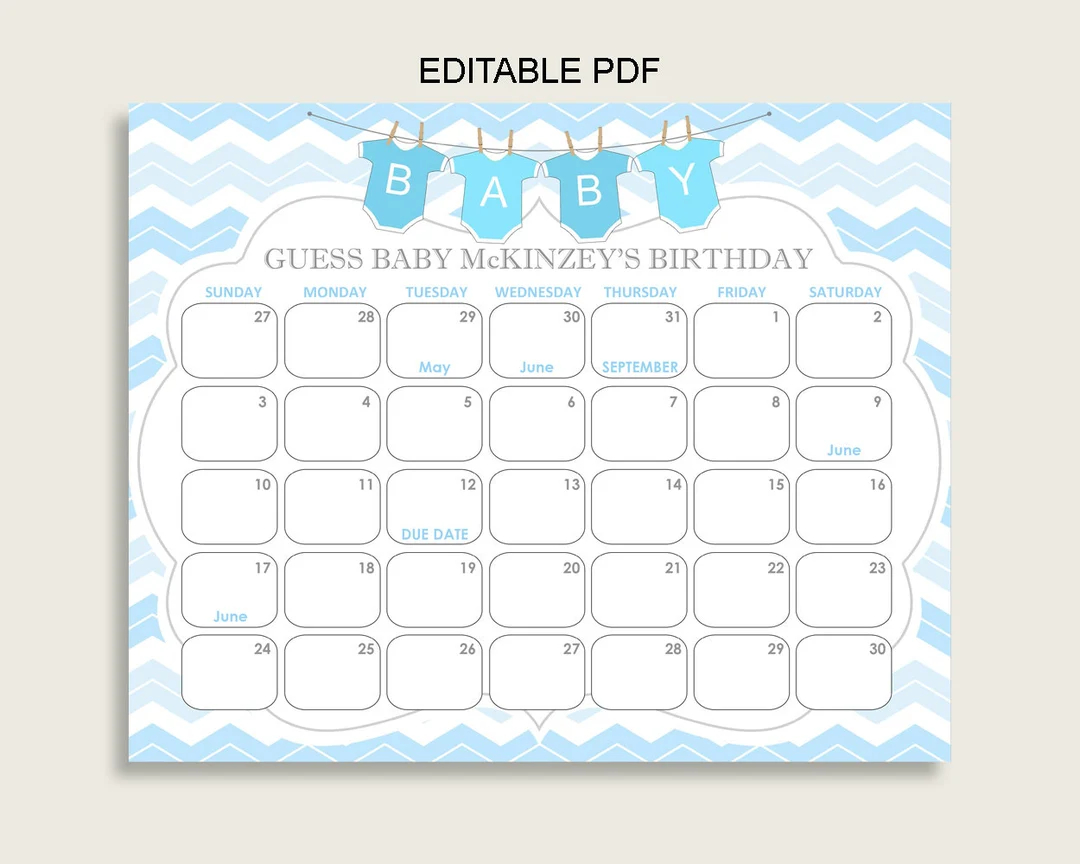 Blue White Guess Baby Due Date Calendar Game Printable Chevron Baby Shower Boy Birthday Prediction Calendar Editable Instant Cbl01 Etsy