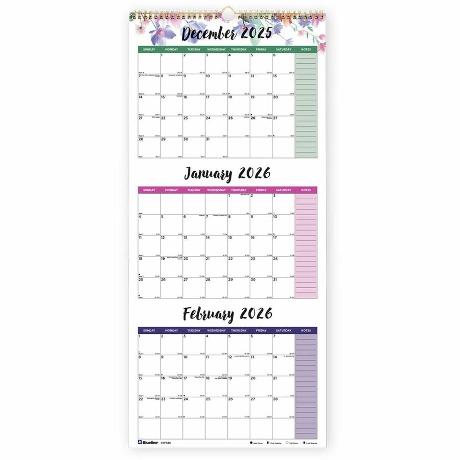 Blueline Colorful Three Month Wall Calendar Leaves Design