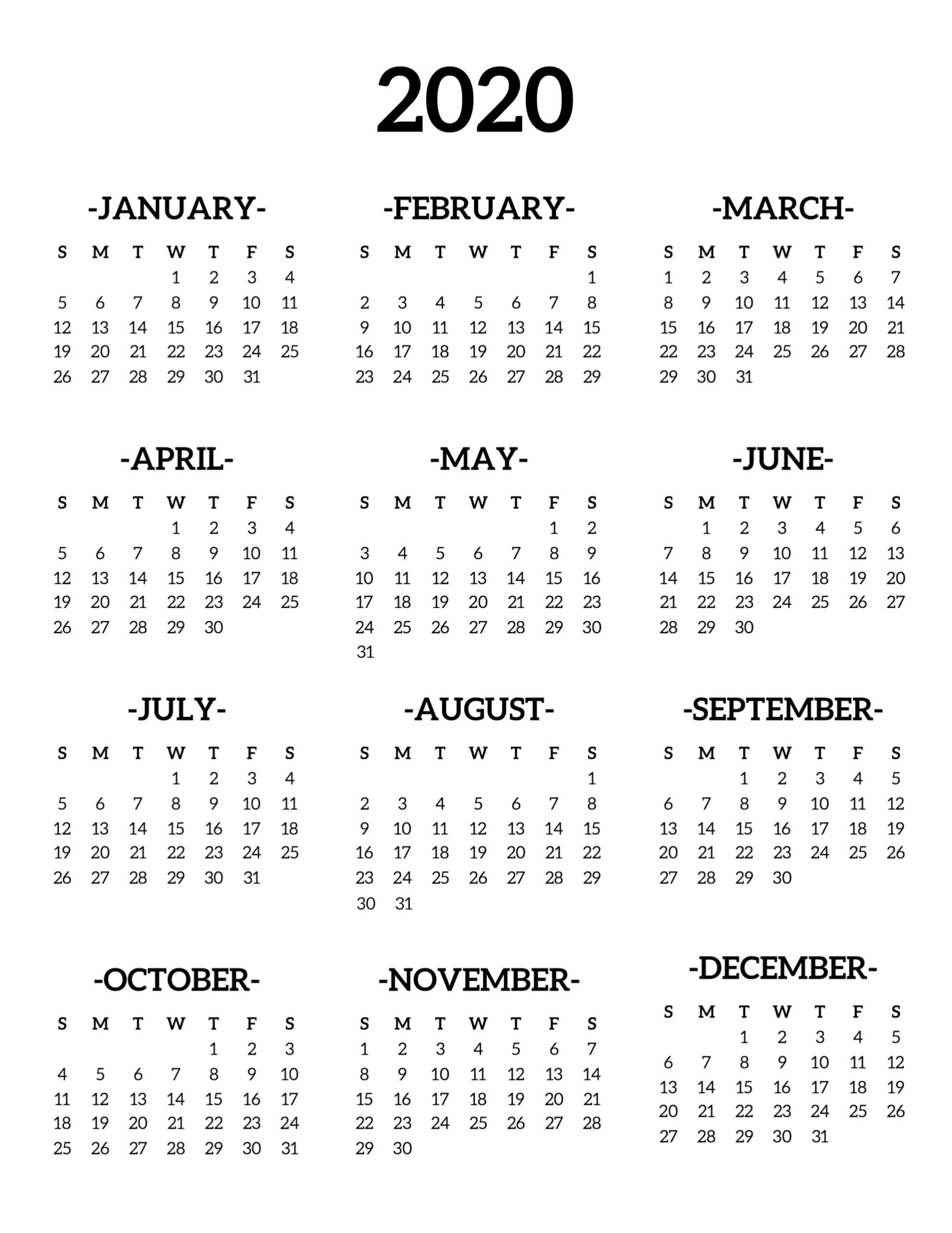 Calendar 2020 Printable One Page Paper Trail Design