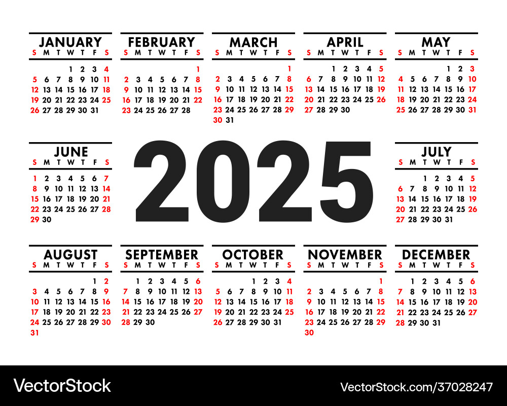 Calendar 2025 English Horizontal Wall Or Pocket Vector Image