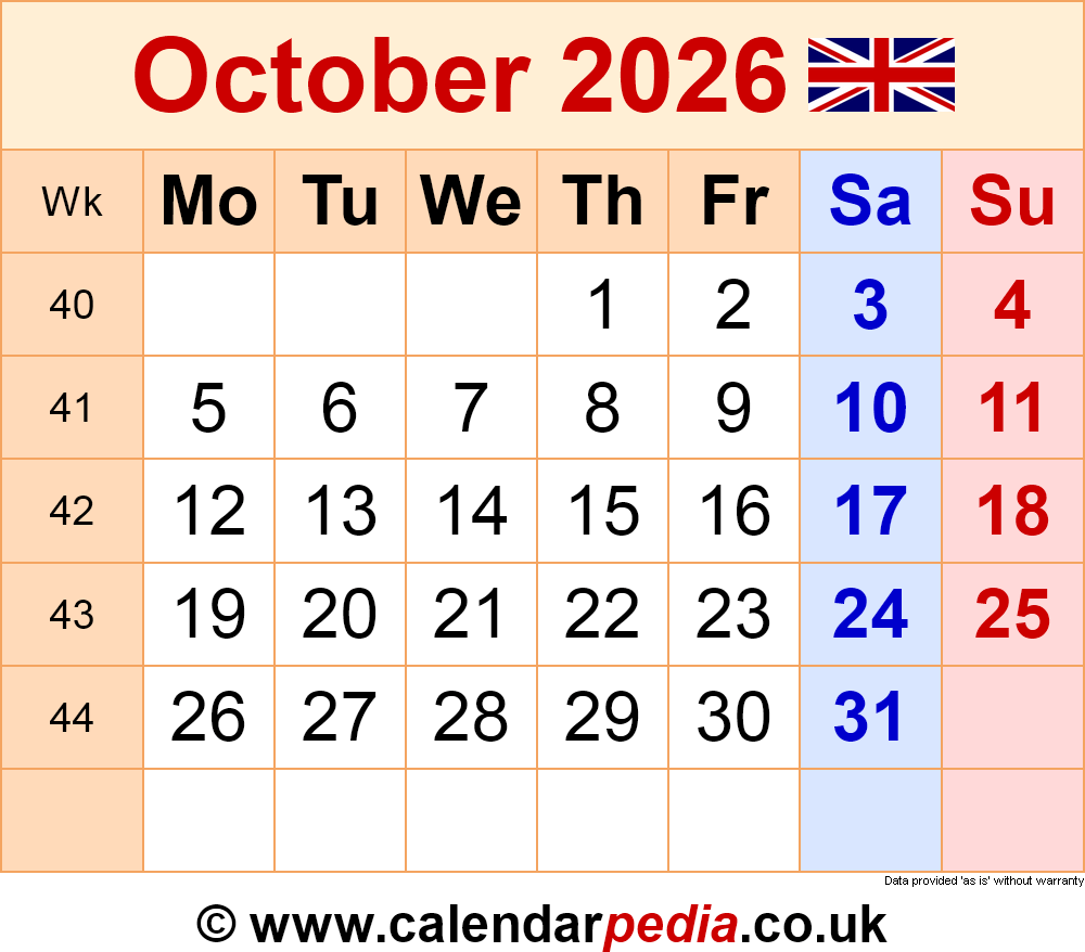 Calendar October 2026 UK With PDF Excel And Word Templates