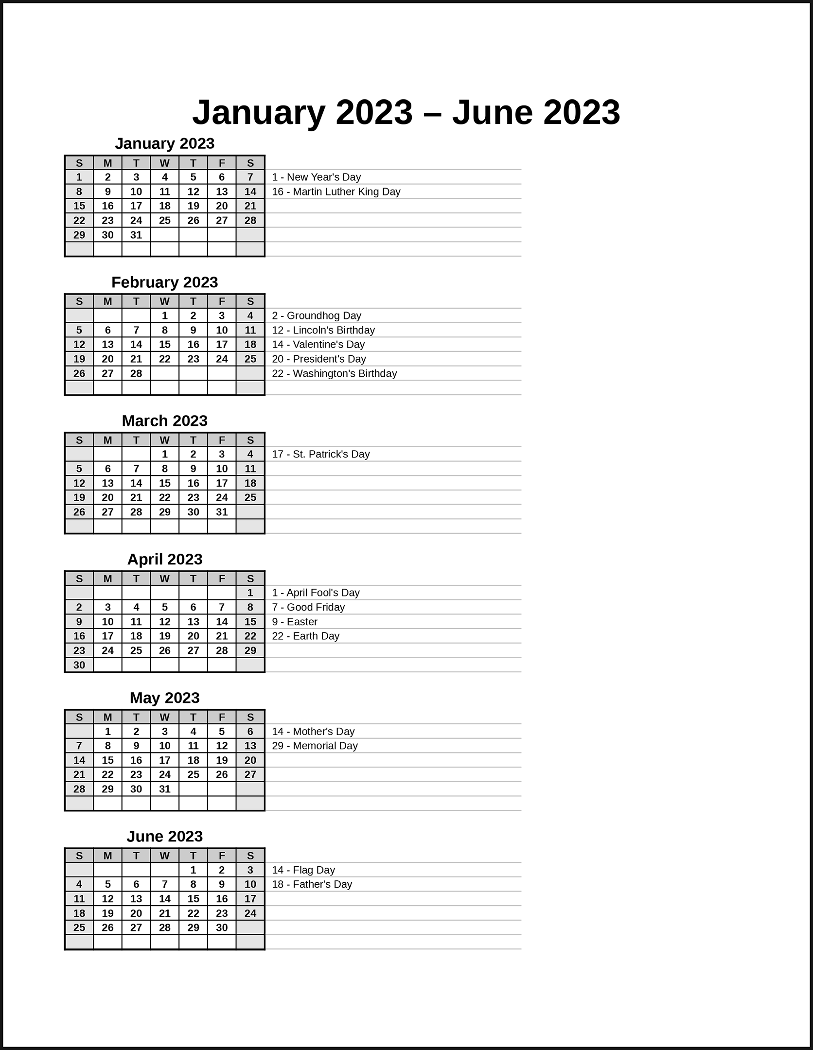 CalendarsThatWork Six Months With Room For Notes