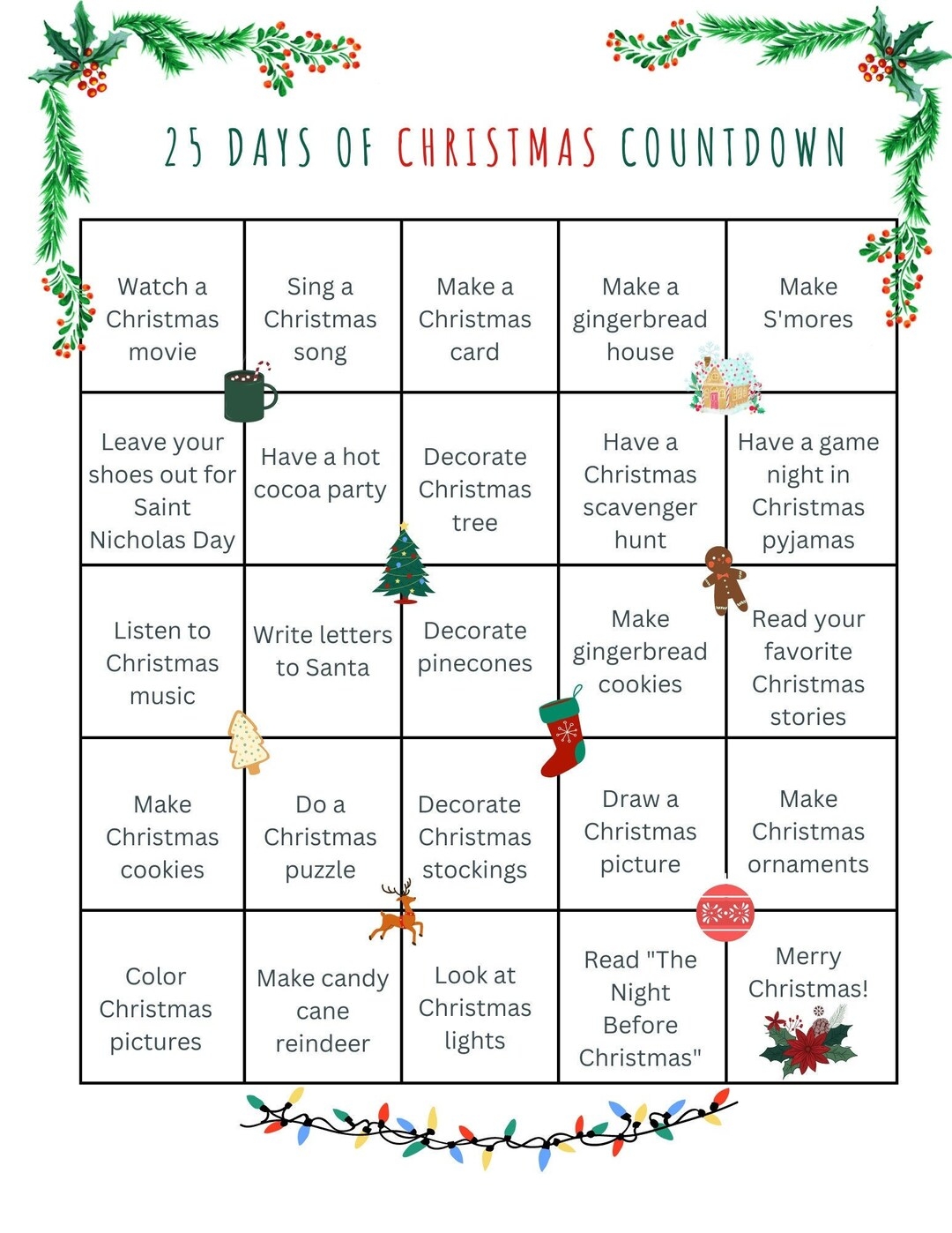 Christmas Countdown Calendar Advent Calendar 25 Days Of Christmas Printable Digital Download Etsy