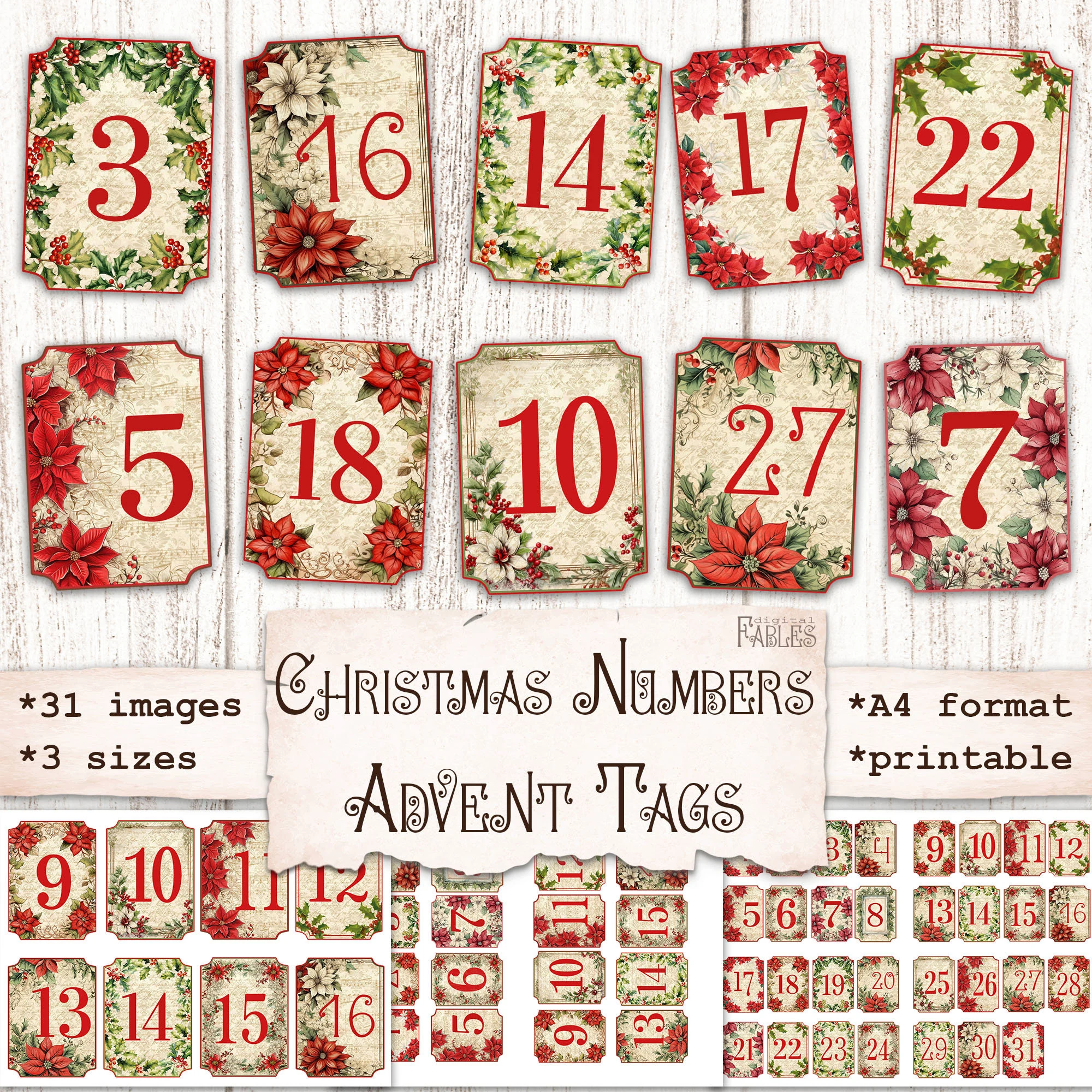 Christmas Numbers Advent Tags Printable Scrapbook Vintage Ephemera Junk Journal Supplies Shabby December Daily Advent Calendar Digital Etsy