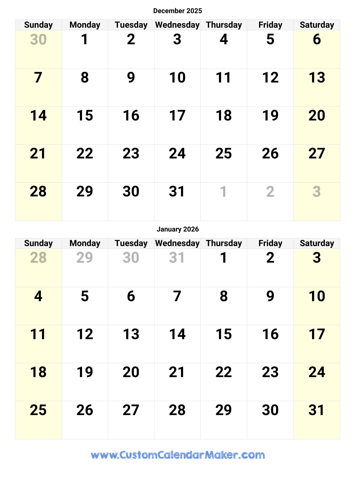 December January Calendar Printable