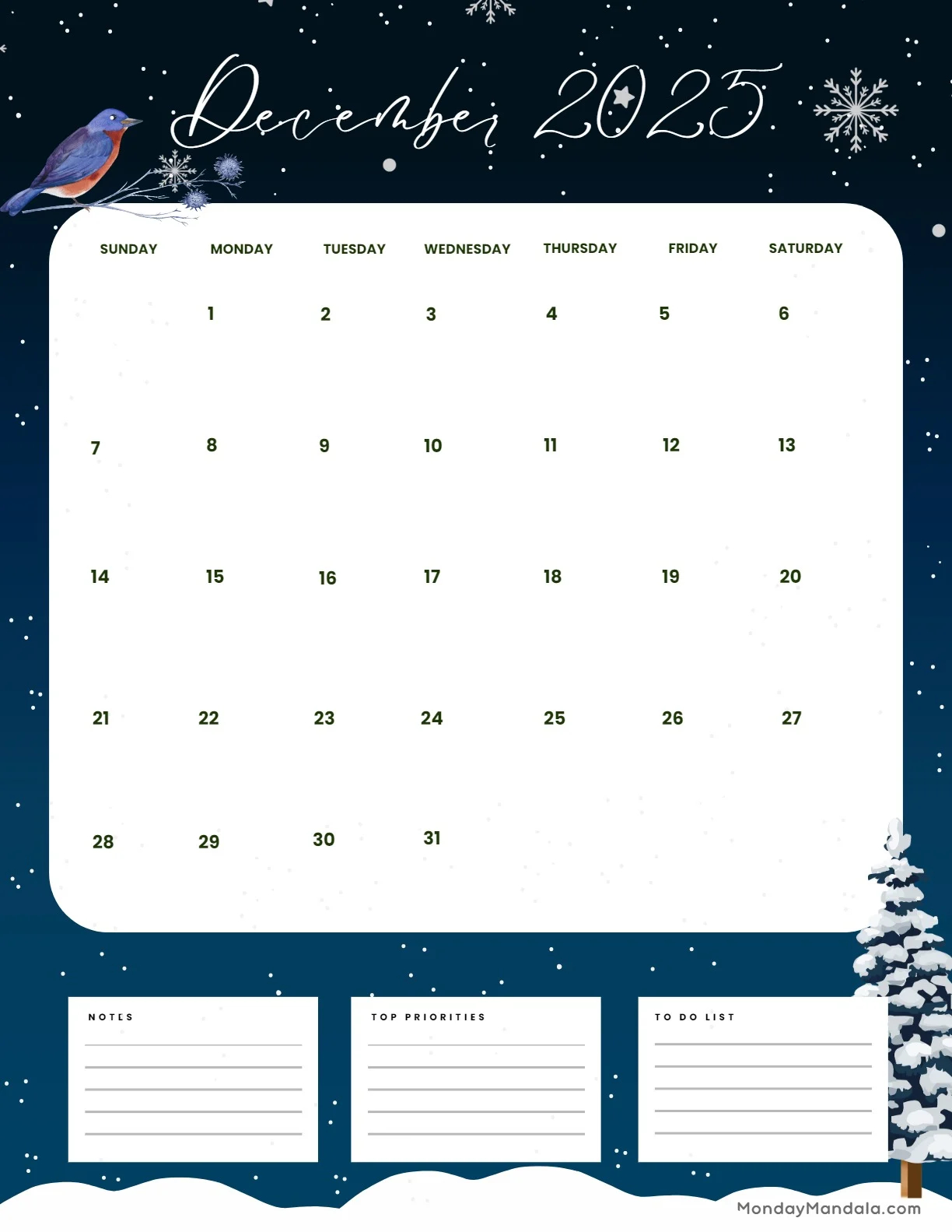 Printable Calendar Pages December 2025