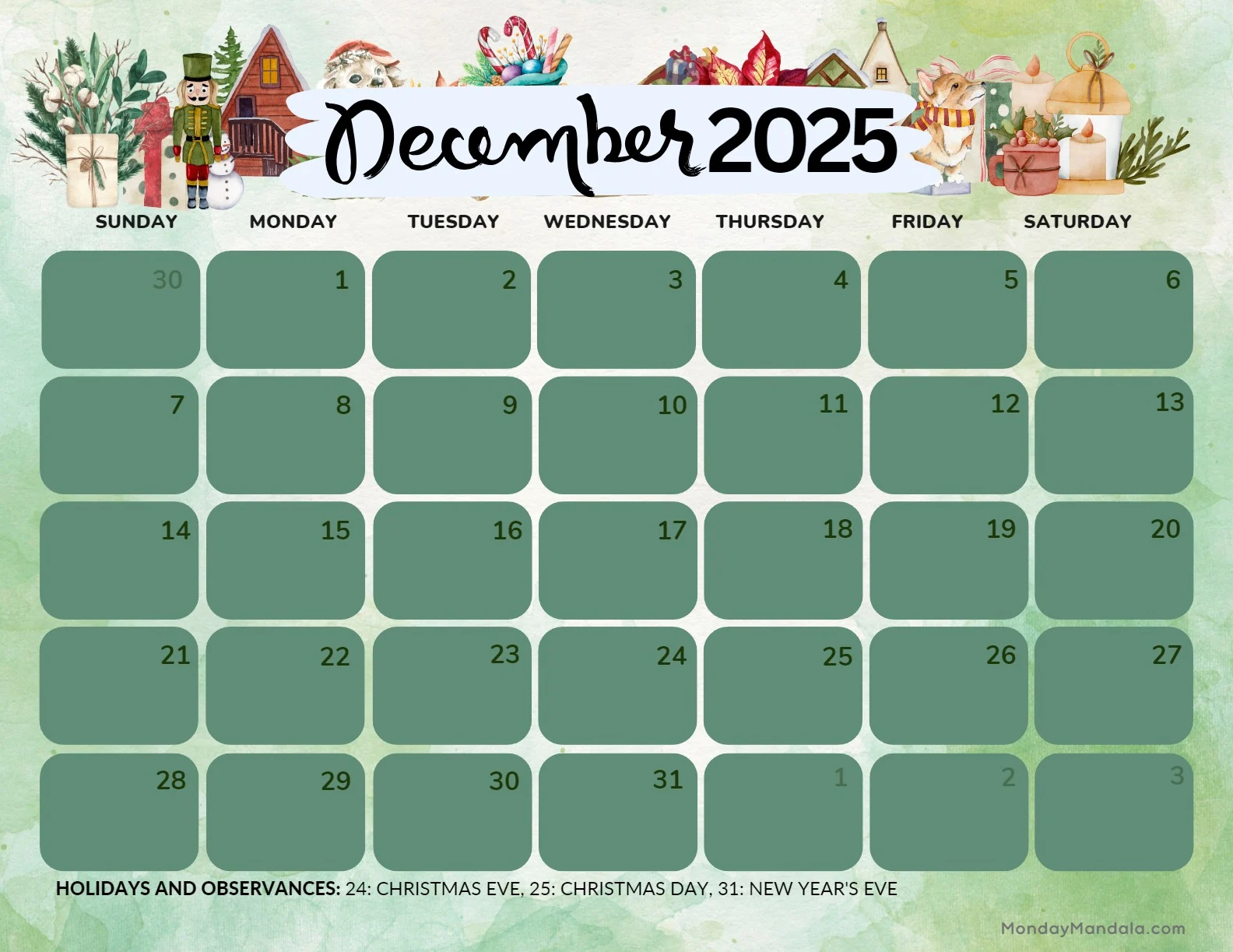 Printable Free December 2025 Calendar