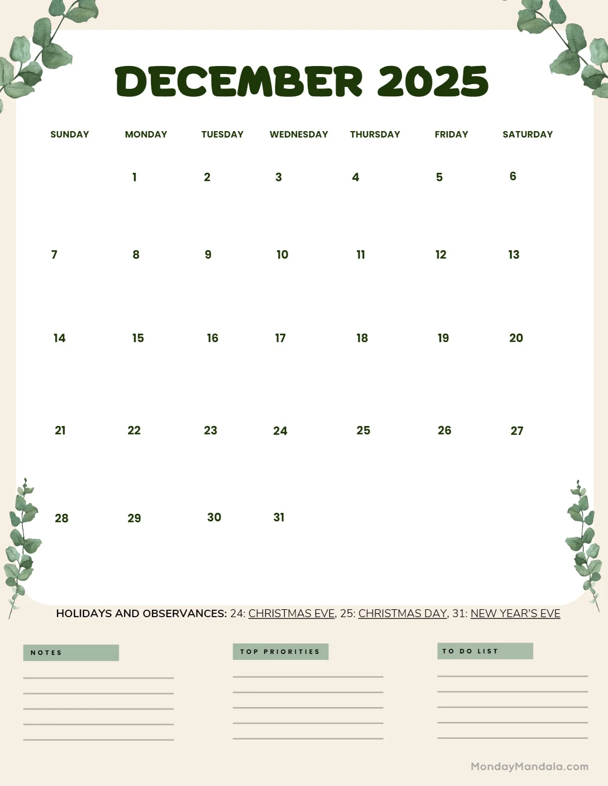 December 2025 Calendar 52 Free PDF Printables 
