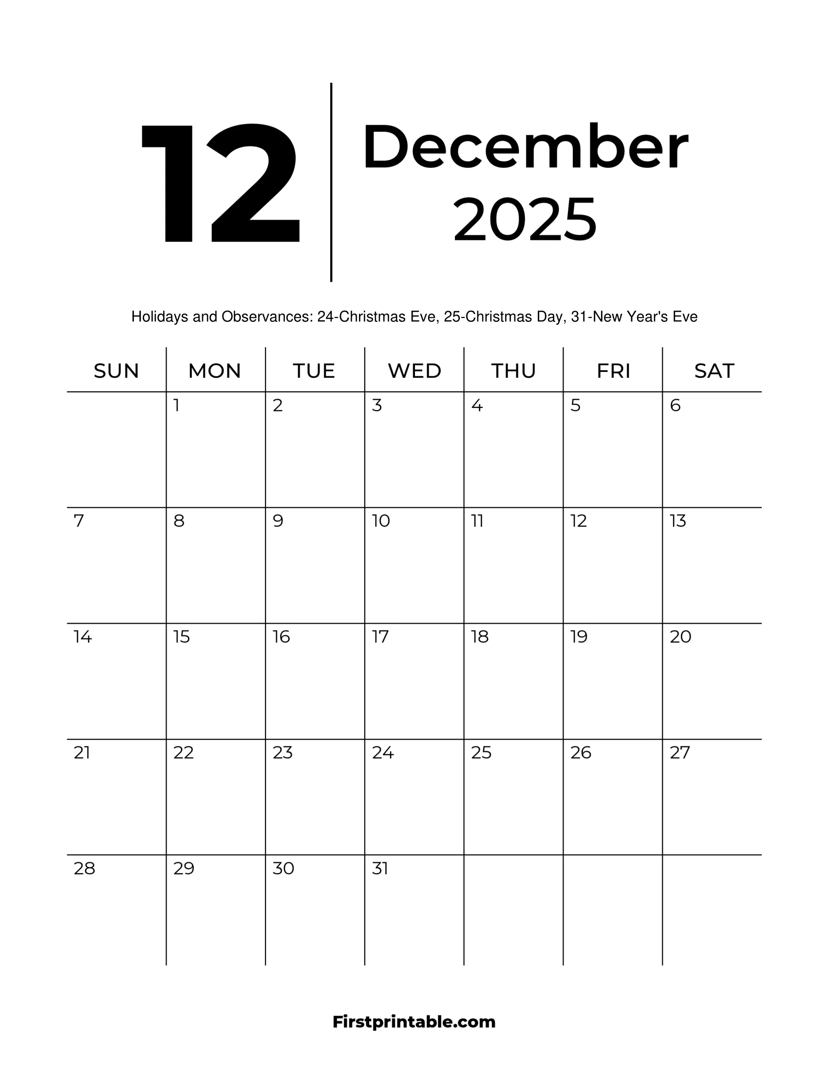December 2025 Printable Landscape Calendar