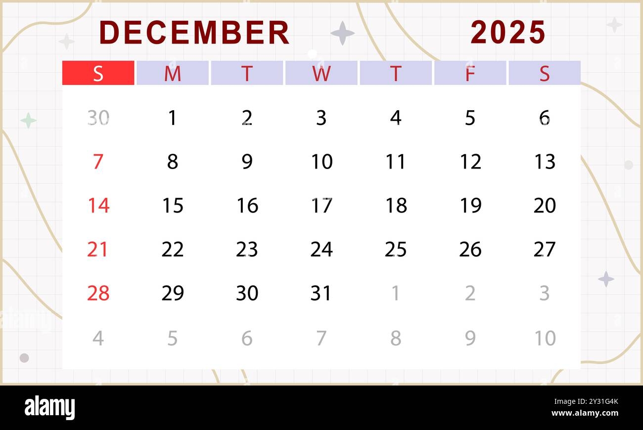 December 2025 Monthly Calendar Cute Calendar Template Sunday Start Vector Design Stock Vector Image Art Alamy