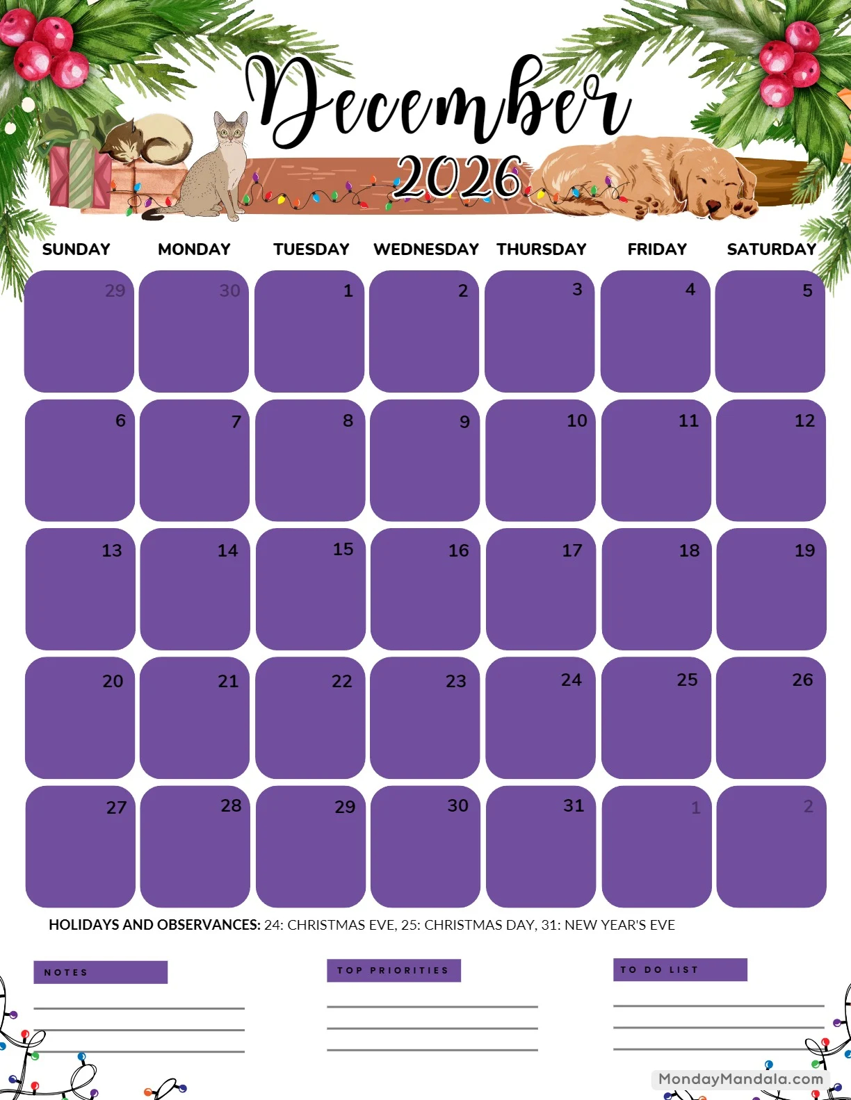 Kids Printable December Calendar