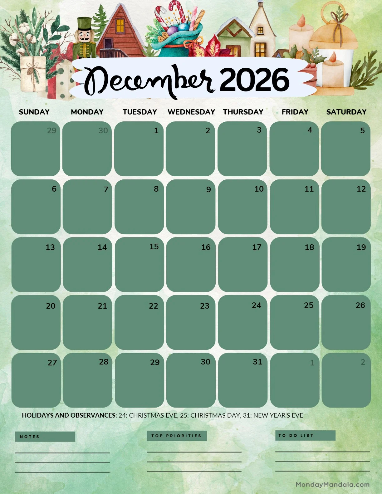 Blank Printable Calendar December 2026