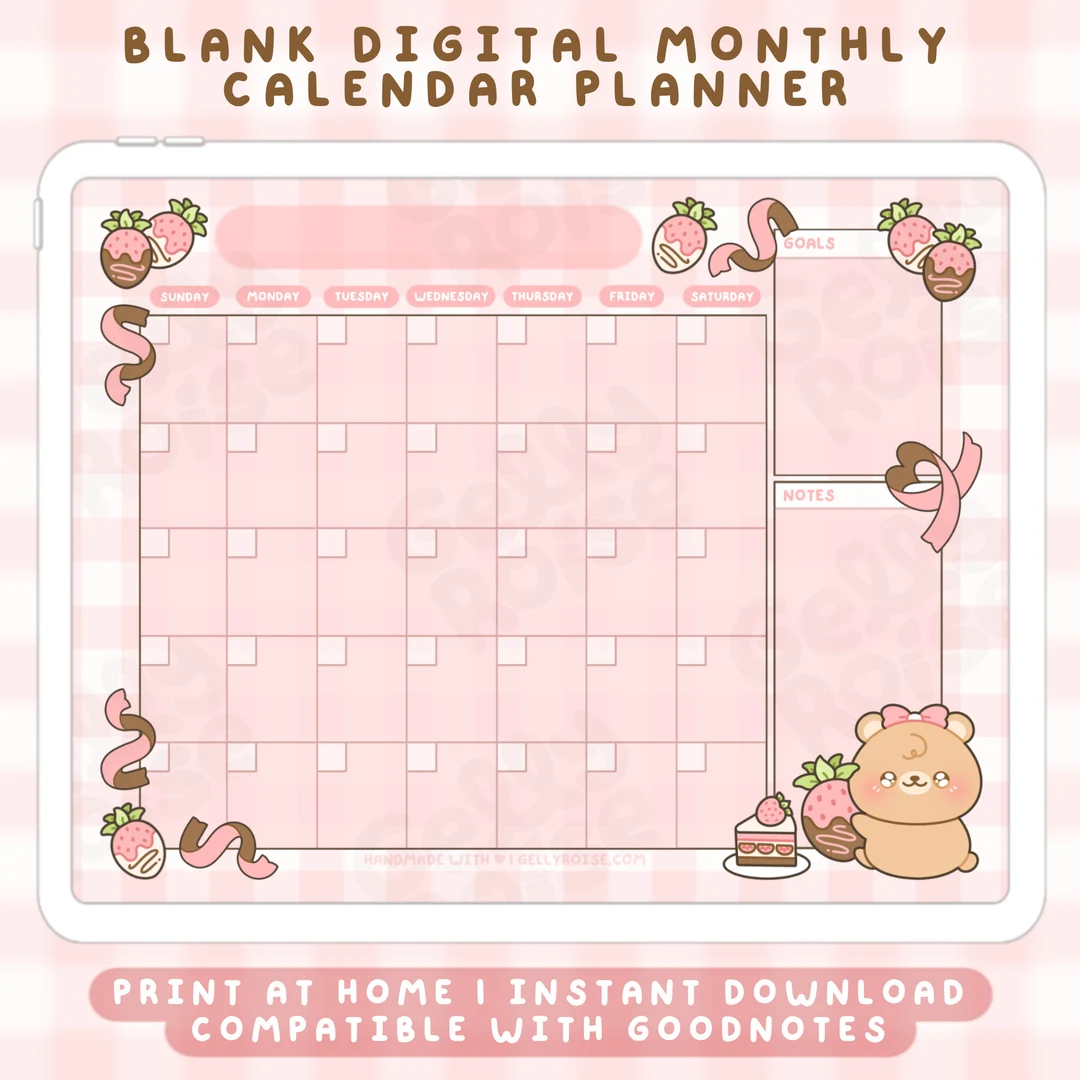 Digital Strawberry Bear Monthly Planner Printable Calendar Cute Cozy Pink Aesthetic Kawaii Goals Tracker Desk Notes Goodnotes IPad Etsy