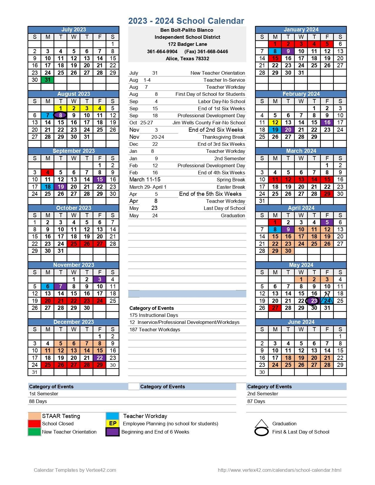 District Calendars Ben Bolt Palito Blanco ISD